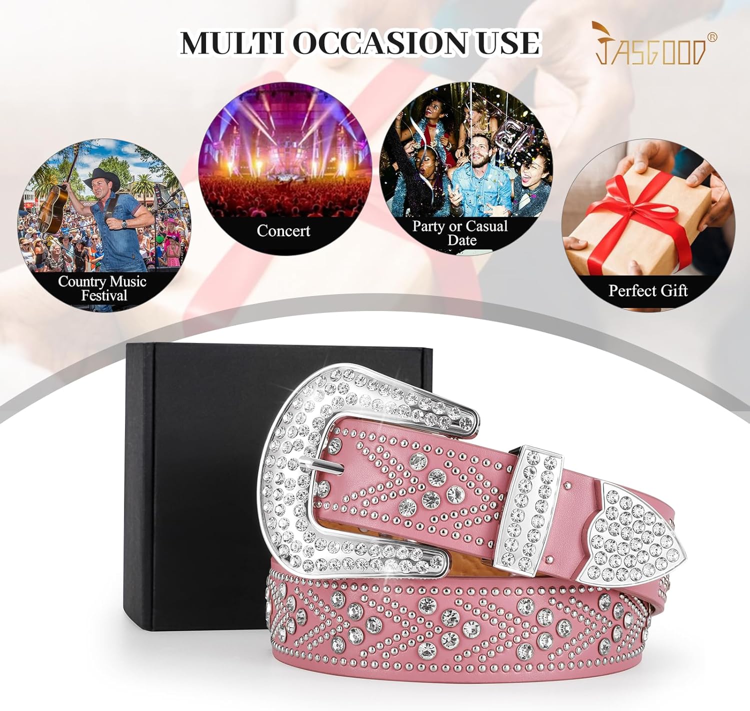 JASGOOD Rhinestones Belt for Women Men Plus Size Western Cowboy Cowgirl Studded Diamond Leather Waist Belt for Jeans Pants - Image 6