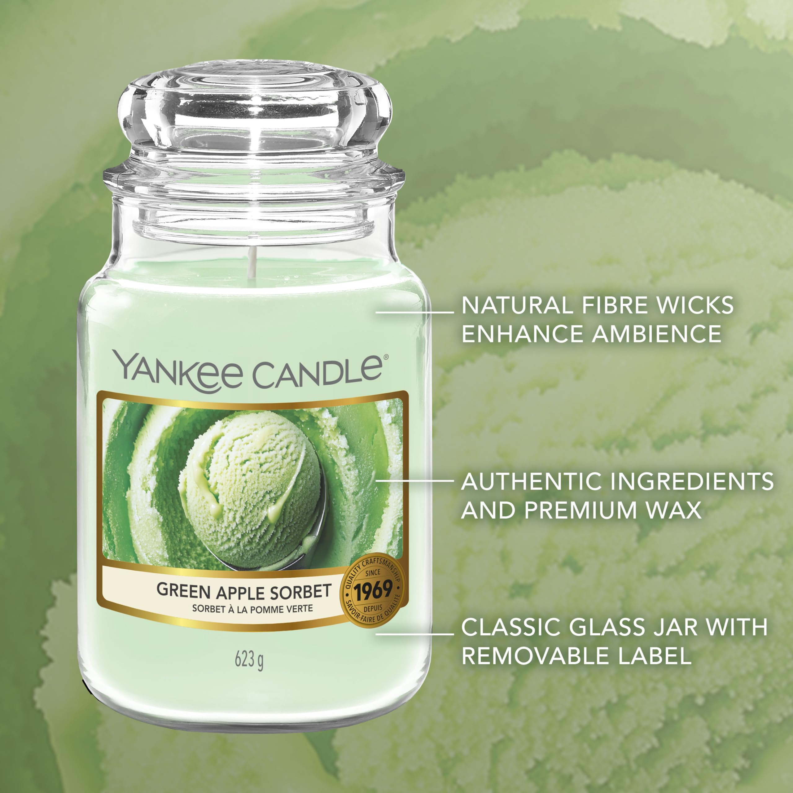 Yankee Candle Świeca zapachowa - duży słoik sorbet zielone jabłko - długie świece: do 150 godzin - prezenty dla kobiet