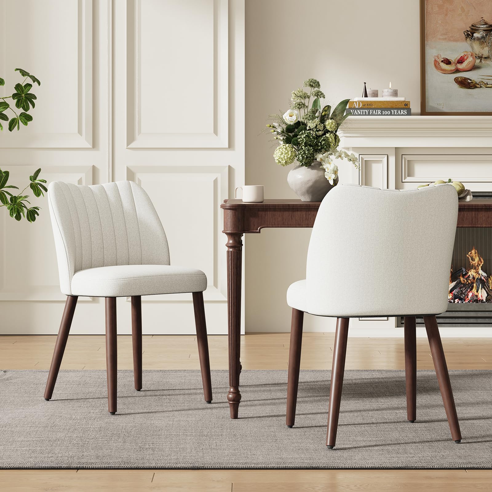 MALOL Upholstered Dining Chairs Set of 2, Fabric Chairs for Dining Room with Solid Wood Legs and Thick Seat Cushion, Modern Kitchen Chair with Anti-Slip Pads, Beige