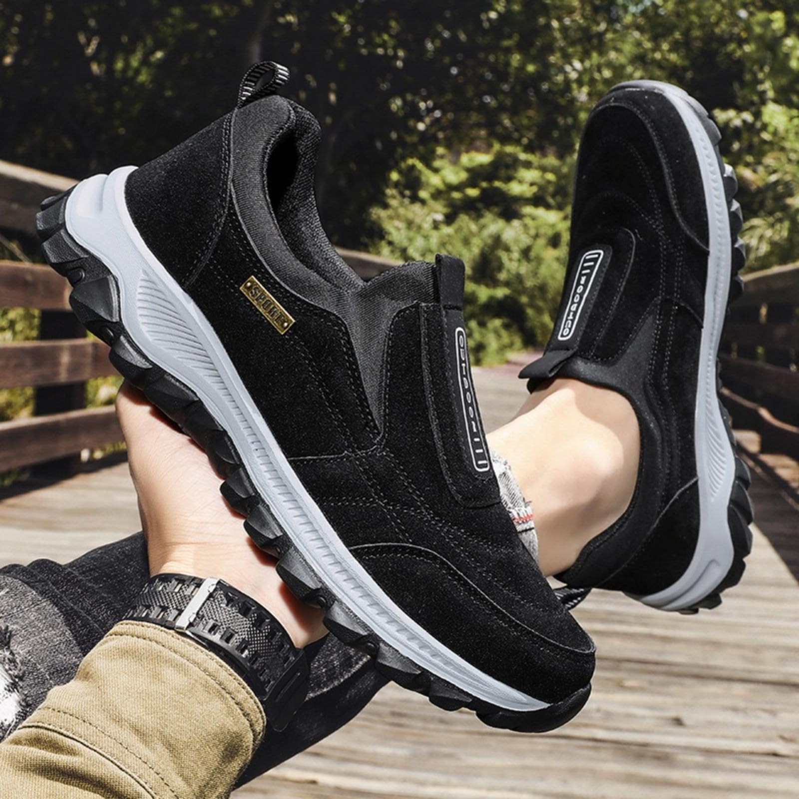 Scarpe ortopediche da uomo, con supporto per arco plantare, leggere, per attività all'aperto, escursionismo, lavoro, Nero , 47 1/3 EU