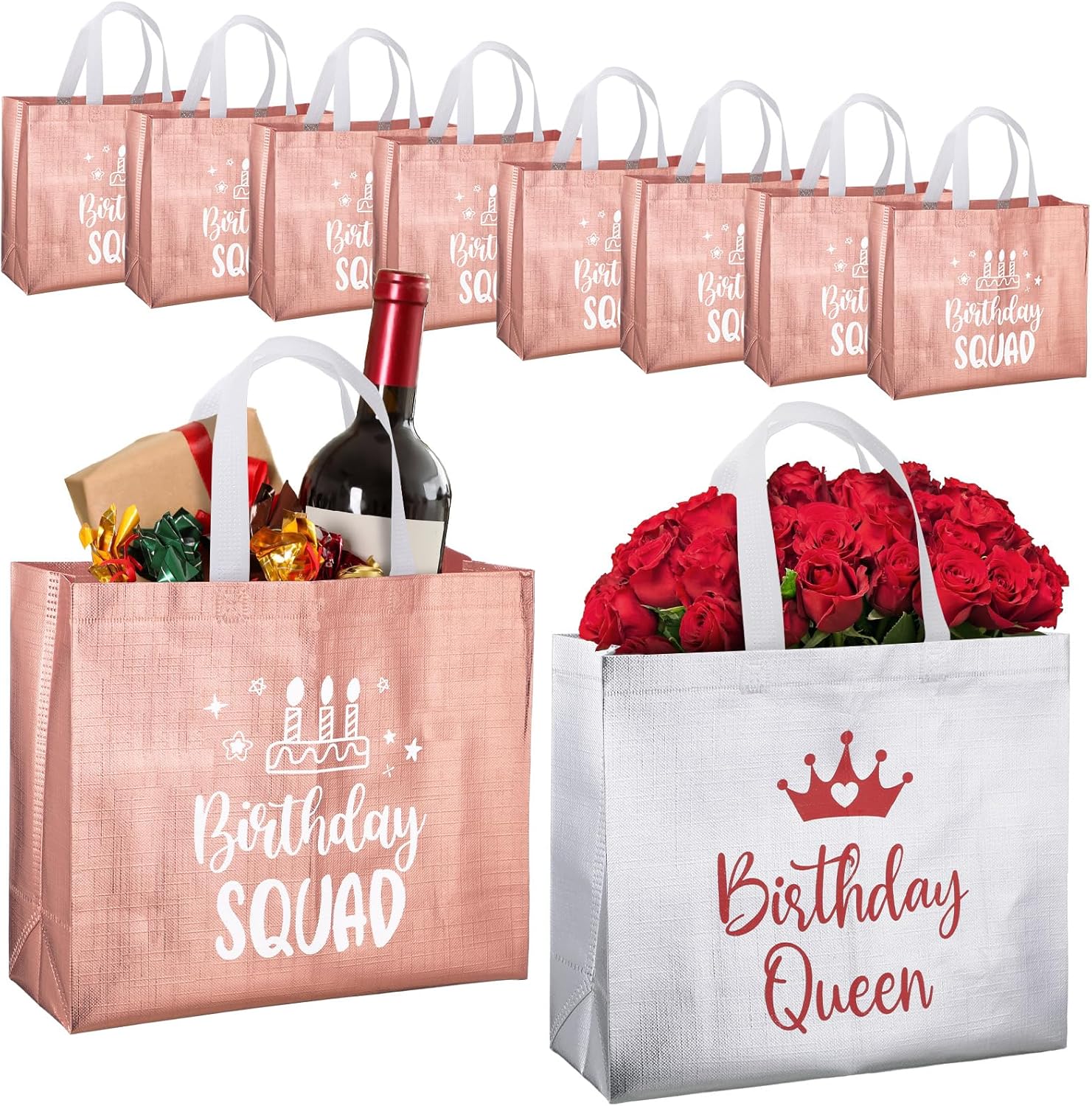 Clysee 10 Pack Reusable Birthday Squad Birthday Queen Gift Bag with Handle Large Tote Bag for Women(Silver, Rose Gold)