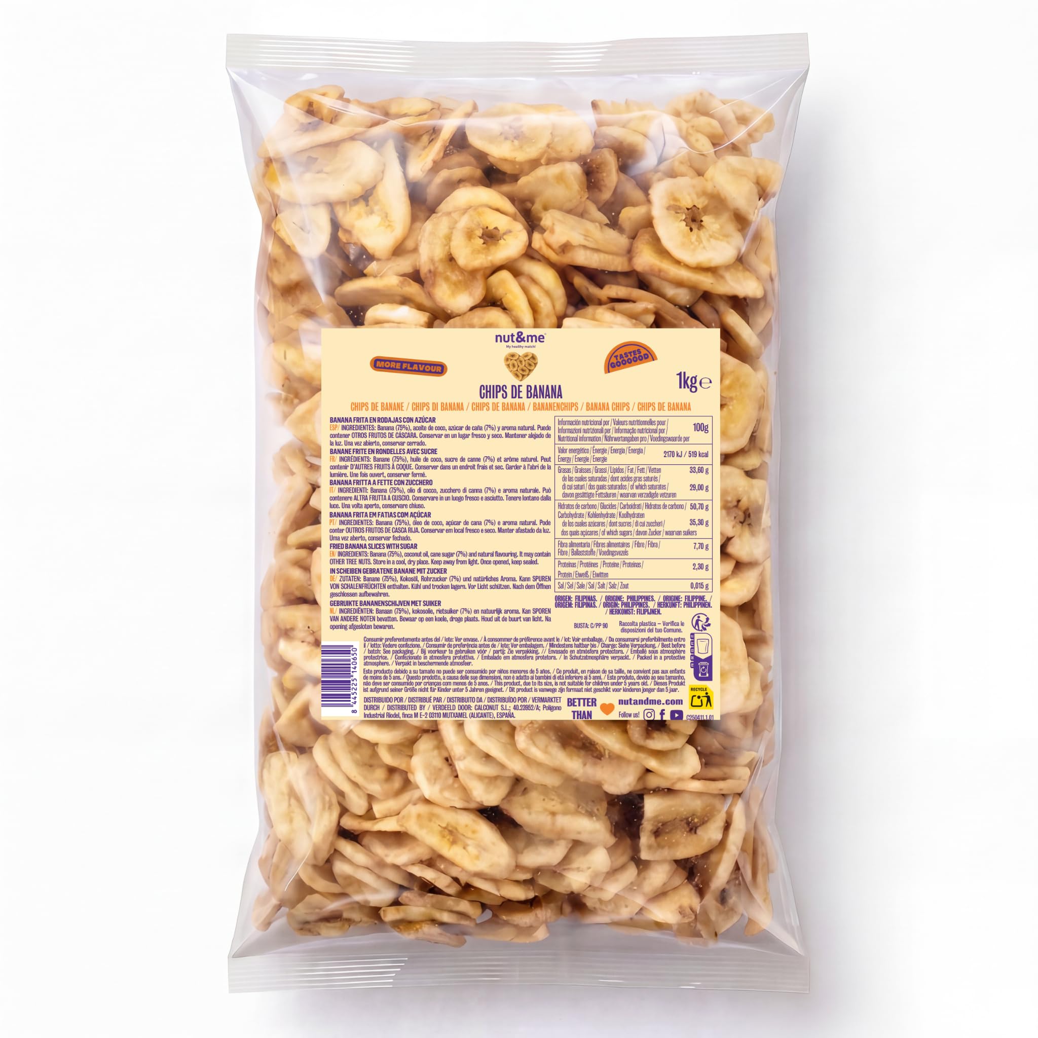 Chips de platano 1 kg nut&me | Vegetariano | Sin lactosa| Vegano | Bajo contenido en sal | Snack ideal