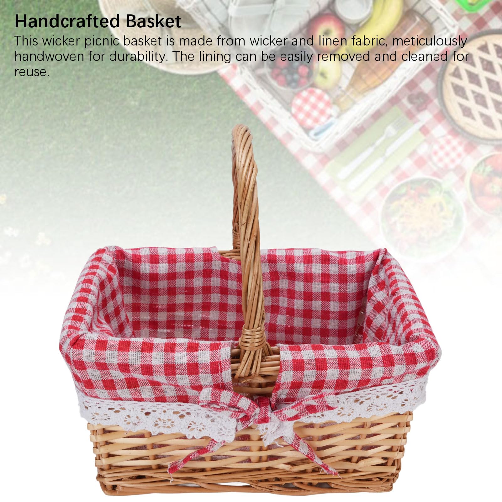 Fockety Cesta de Mimbre, Cesta de Picnic Tejida con Forro Desmontable, Cesta de Mimbre Ovalada para Regalos, Cesta de Almacenamiento Grande para Camping, Al Aire Libre, Halloween, (Cuadros Rojos)