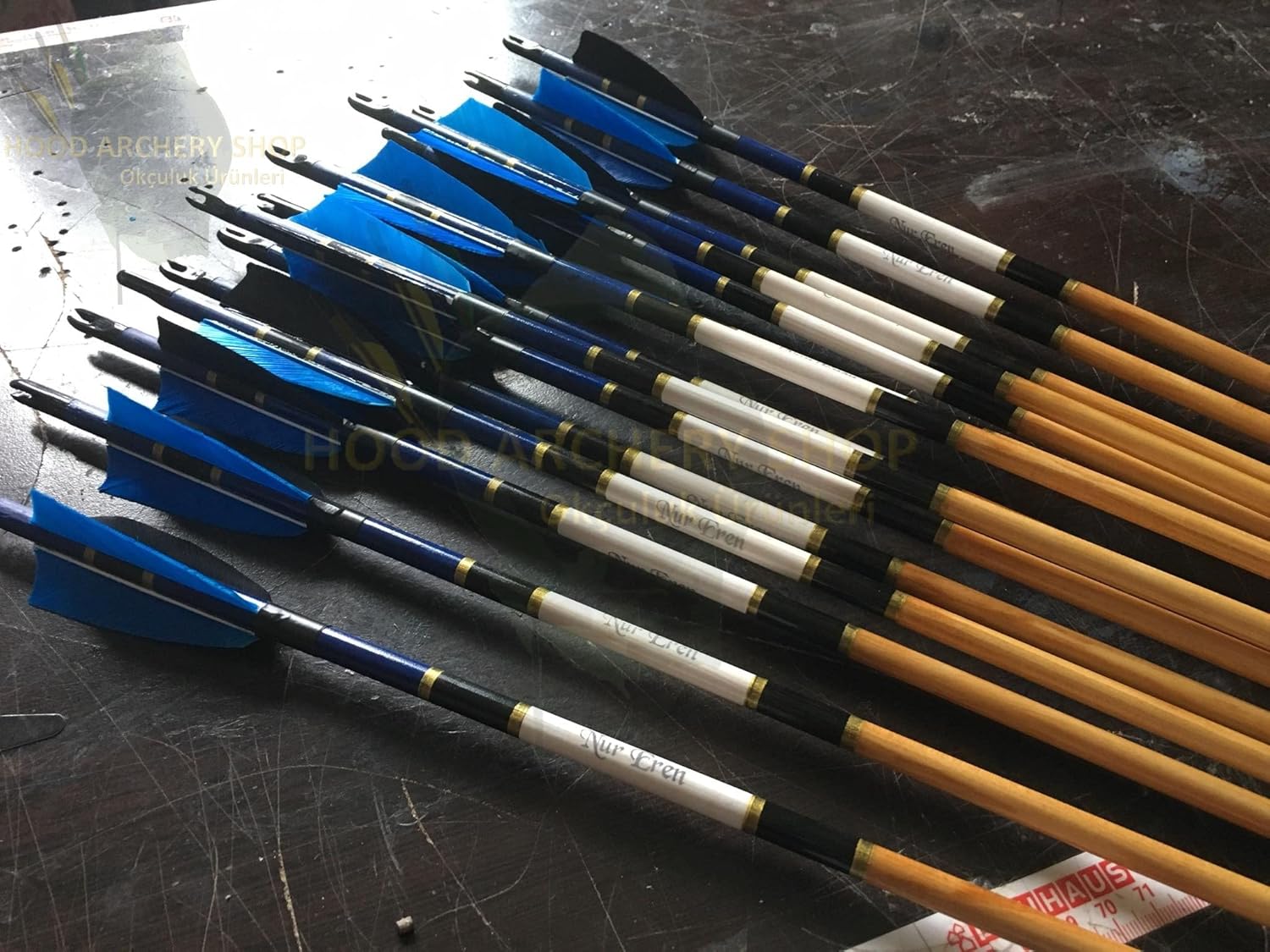 Wooden Archery Arrow for Recurve Bow Or Longbow and Compound Bow Medieval Traditional Archery with Blue Black Turkey Feather, 50-70# Spine Weight 28 Inches for Archer (Pack of 12)