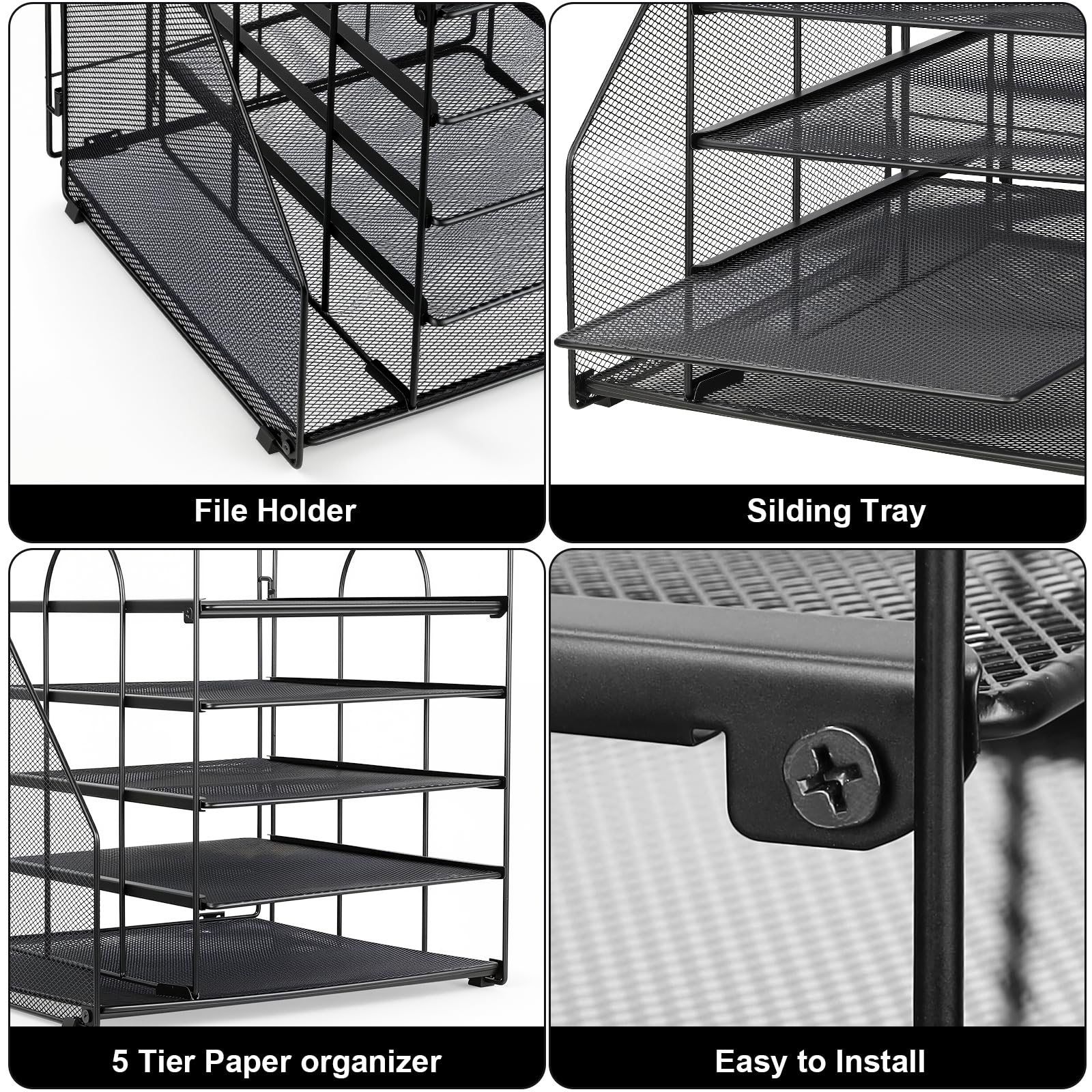Esyhomi Desk Organiser with File Holder, 5-Tier Paper Tray Organiser, Mesh Desktop Storage with Magazine Holder for Books, Documents, A4 Files, Letter Magazine Tray for Home Office Supplies - Image 4