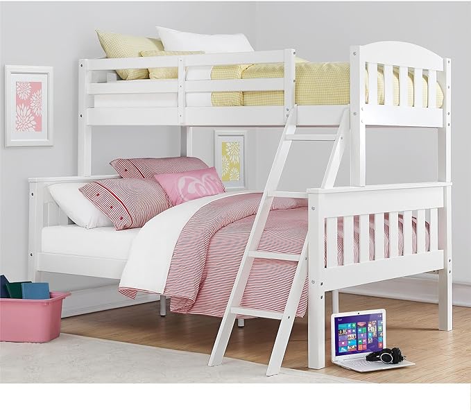 DHP Airlie Twin over Full Bunk Bed, White, Wood Construction, Converts to Twin/Full, 4-Step Ladder, Guard Rails