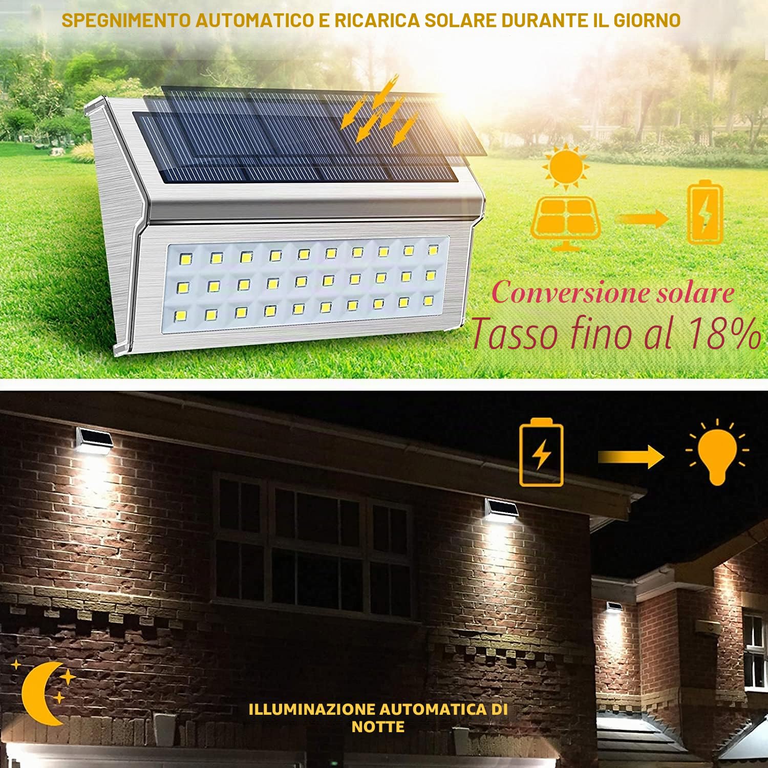 【Bianco freddo】Lampade solari per scale esterne, lampada solare in acciaio inossidabile con sensore di luce e accensione/spegnimento automatico, per giardino, patio, garage, passeggiate, scale