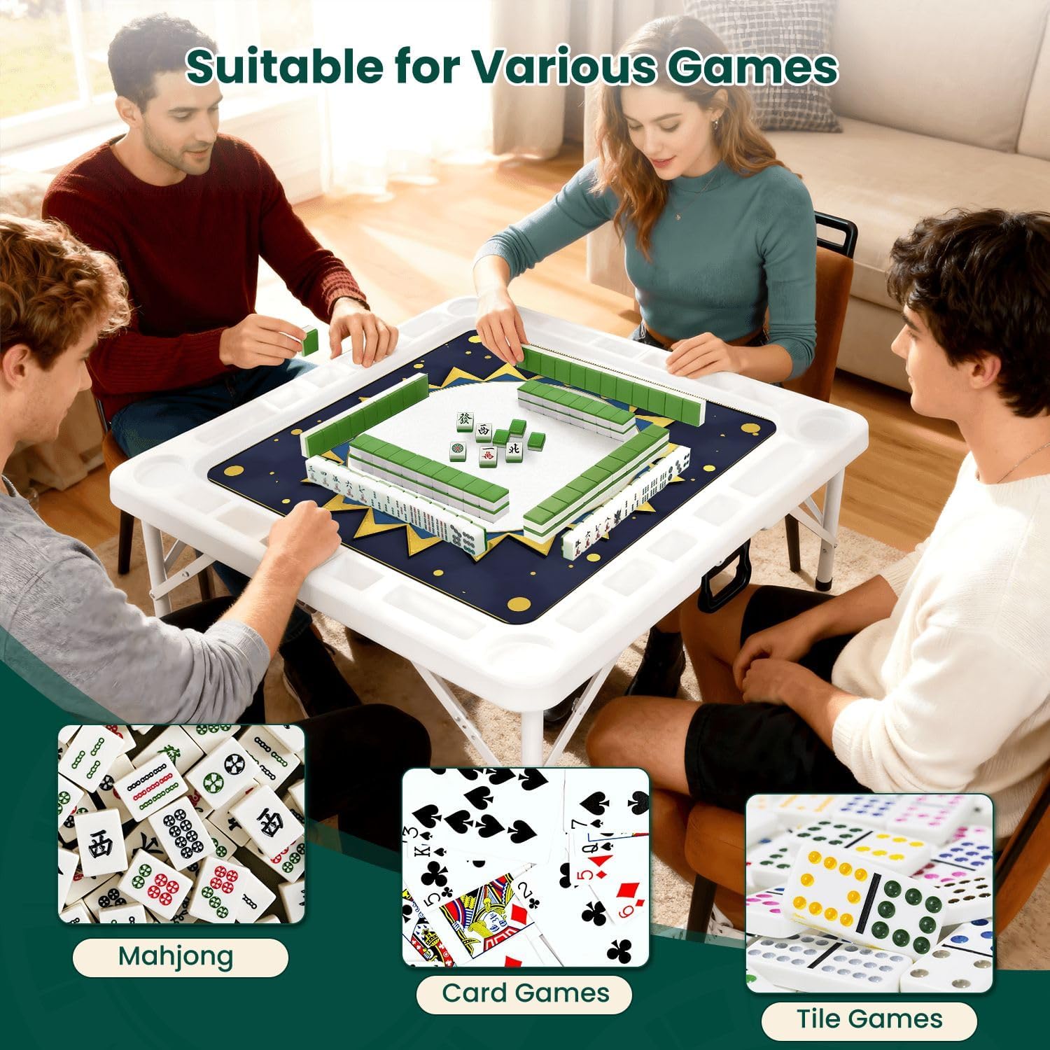 Folding Mahjong Table with Gold Sunburst Circular Frame Deep Blue Decorative Dots Wear-Resistant Mahjong Mat, 4 Cup Holders & Chip Trays for 4 Players Square Portable Card Table for Poker Domino
