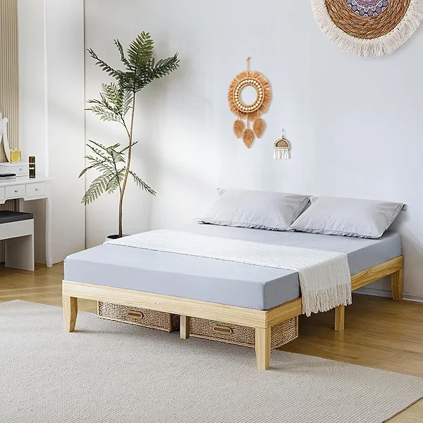 VINGLI 12 in Bed Frame Queen Size, Classic Solid Wood Platform Bed Frame, Sturdy Wooden Bed Slat Support,No Box Spring Needed, Natural Finish Light Wood Mid-Century Design, Low Profile, Natural Pine