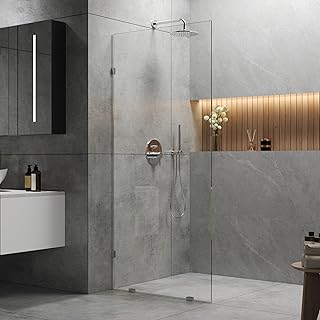 DeerValley 34"×74" Shower Glass Panel, 5/16'' (8mm) Thick Fixed Glass Shower Panel, Frameless Shower Screen for Walk in Shower, Tempered Glass Half Door with Stainless Steel Clamps (Silver)