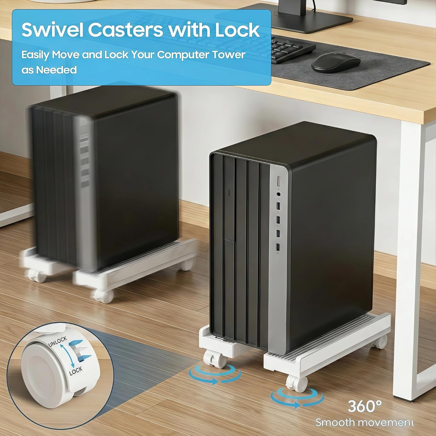 Adjustable Mobile Computer Tower Stand, Ventilated CPU Stand with Locking Caster Wheels, Fits Most Computer Towers, Under Desk Floor PC Cart, Universal PC Holder for Office, Students & Gamers (White)