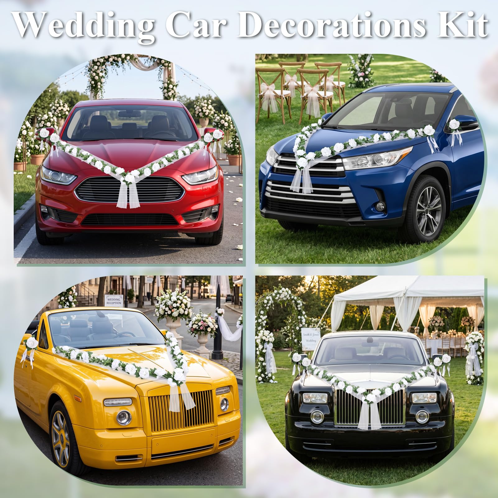 Autoschmuck Hochzeit Motorhaube, Autoschleifen Hochzeit Auto Deko, Auto Hochzeitsschmuck mit 2 x Langerförmig Girlande, 4 x Türgriffblume, 2 x 180cm Tüll – Blumenschmuck Auto Wedding Deko Girlande