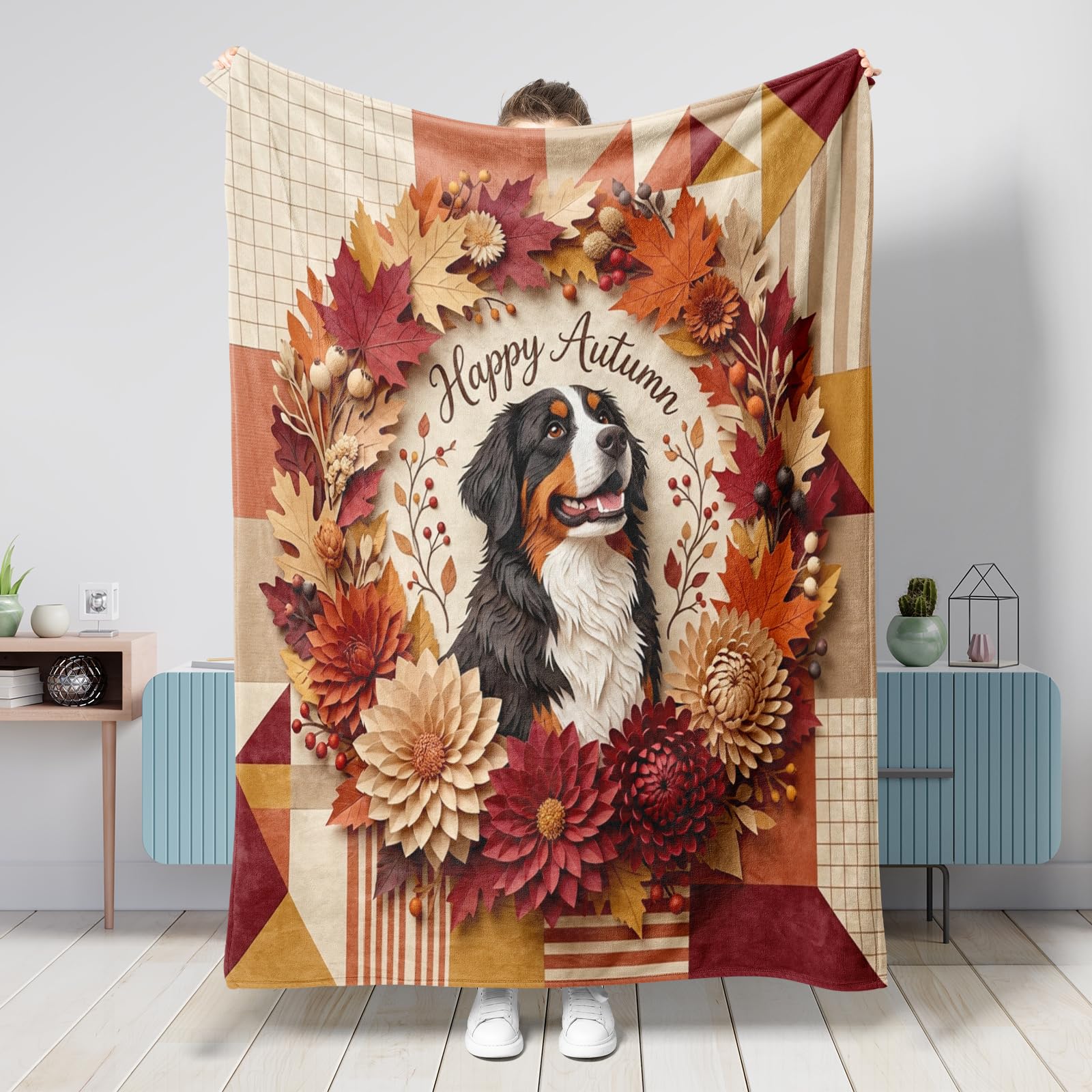 Couverture en flanelle motif feuilles d'automne 152x203 cm pour lit et canapé