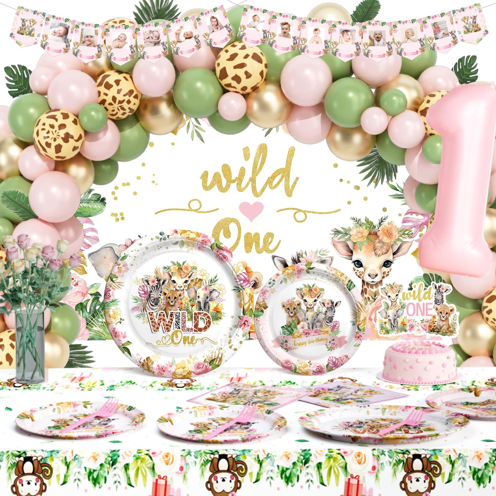 Hombae Wild One Birthday Decorations Girl, Safari 1st Birthday Party Supplies Decor, 263PCs Jungle Animal Themed First Party Supplies Tableware Set