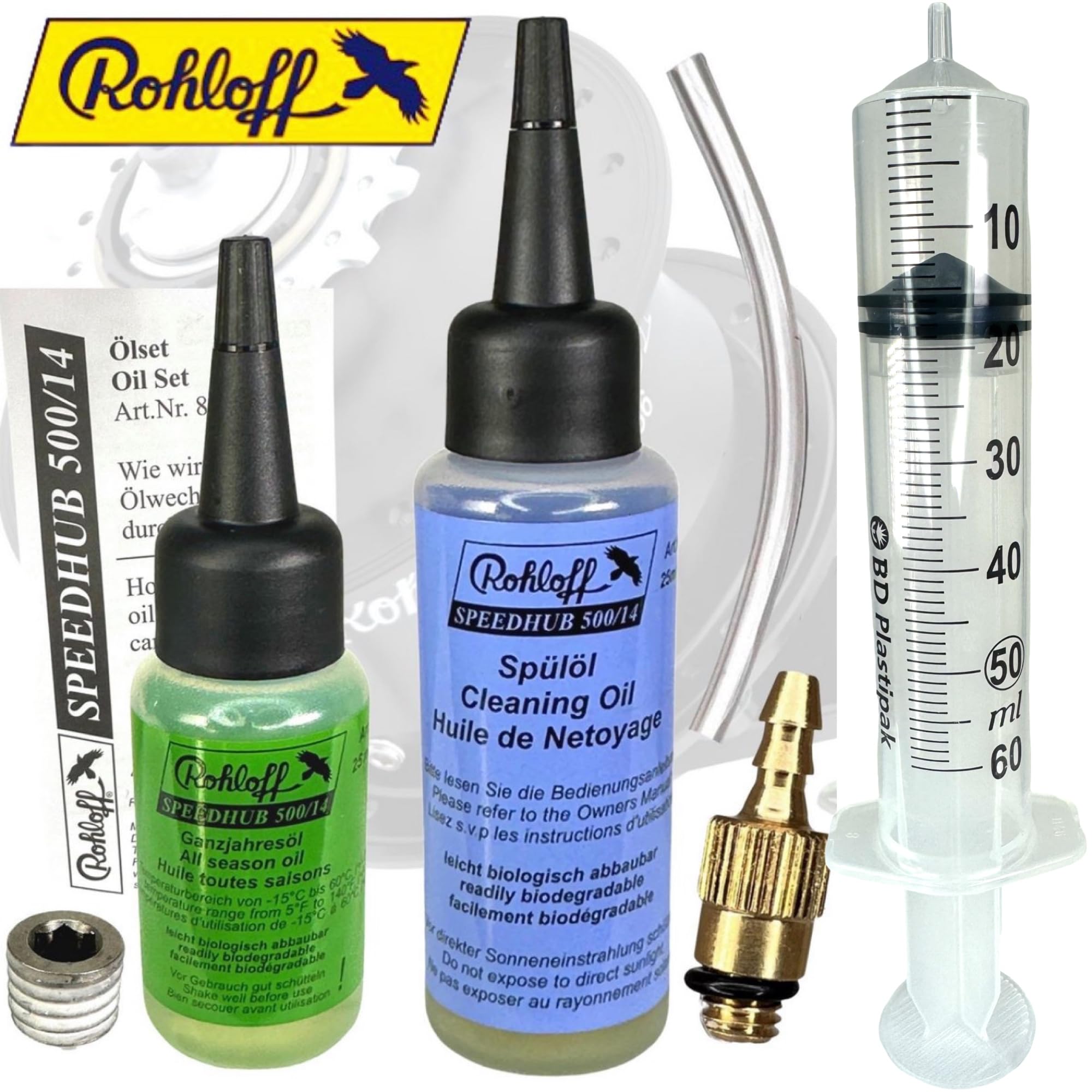 F26 Service Wartungs Kit für Rohloff Oil of Speedhub 500/14 Fahrrad | Getriebenabe + Anschlussschlauch + Ablassschraube M6 + XL Spritze 60ml