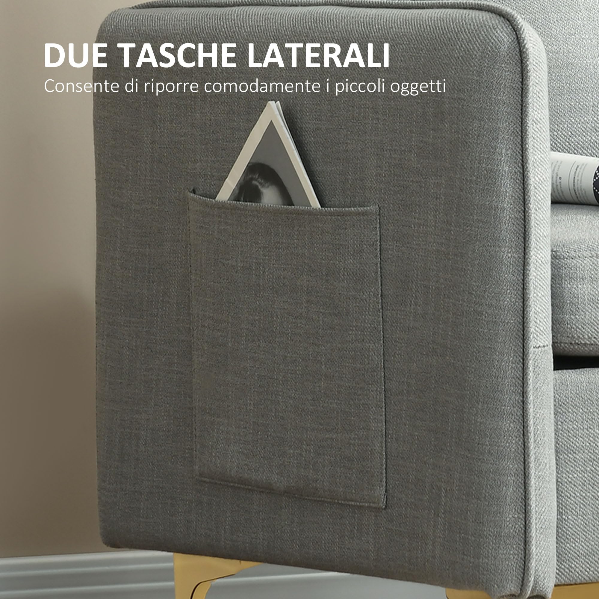 HOMCOM Poltroncina Moderna con Tessuto Effetto Lino, Gambe in Acciaio e Tasche Laterali, 72x72x90cm, Grigio