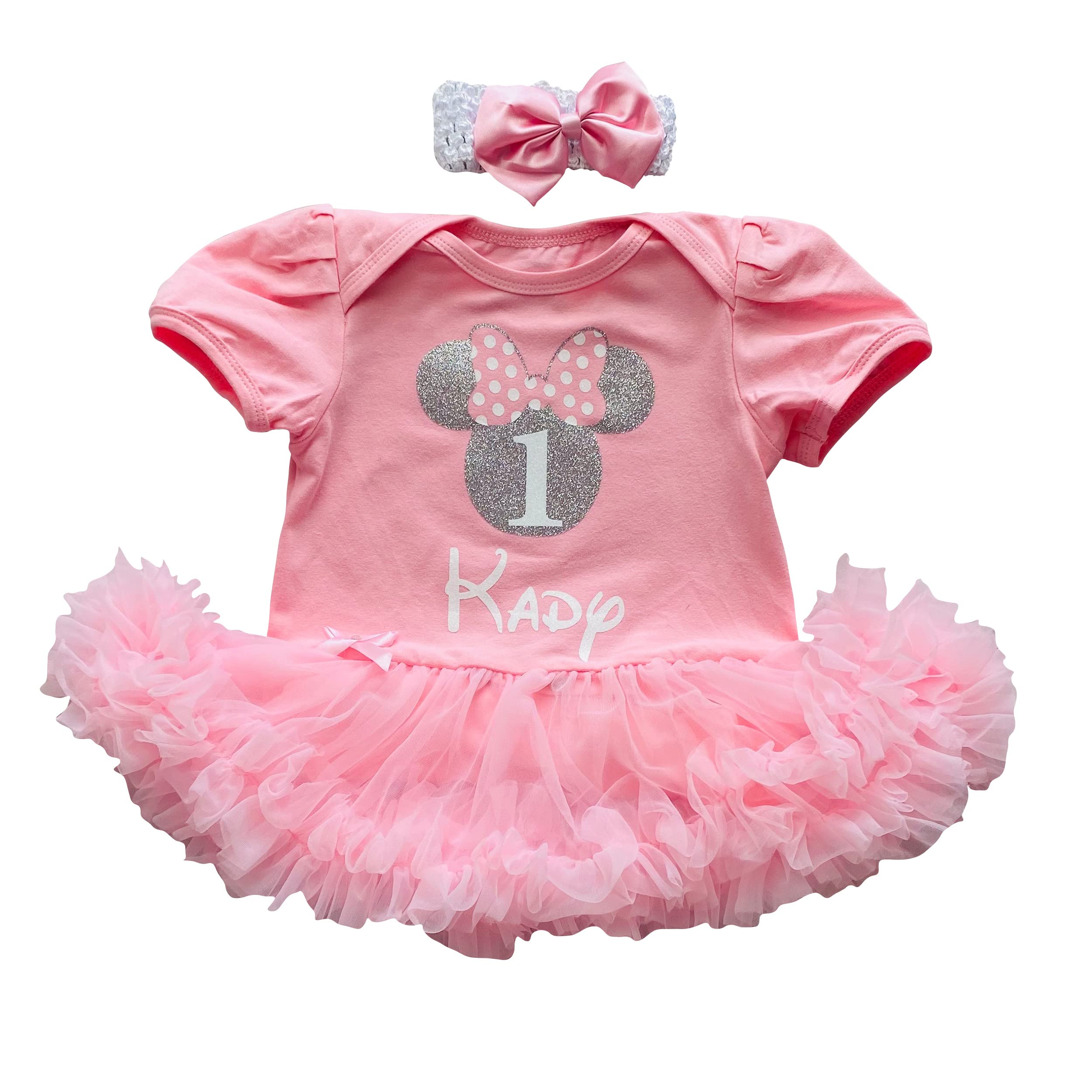 Little Secrets Clothing Baby Girl's 1st Birthday Minnie Mouse Outfit, Personalised Name First Birthday Princess Pink Tutu Romper with Bow Headband, Birthday Party Cake Smash Dress (6-12 Months)