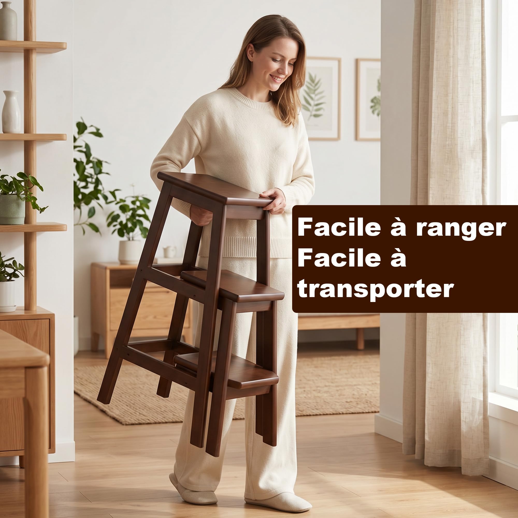 Escabeau Pliable À 3 Marches en Bois Tabouret Échelle 3 en 1, Pédales Antidérapantes Agrandies Compartiment De Rangement Multifonctionnel Support À Fleurs pour Cuisine Bibliothèque Garage Escabeau
