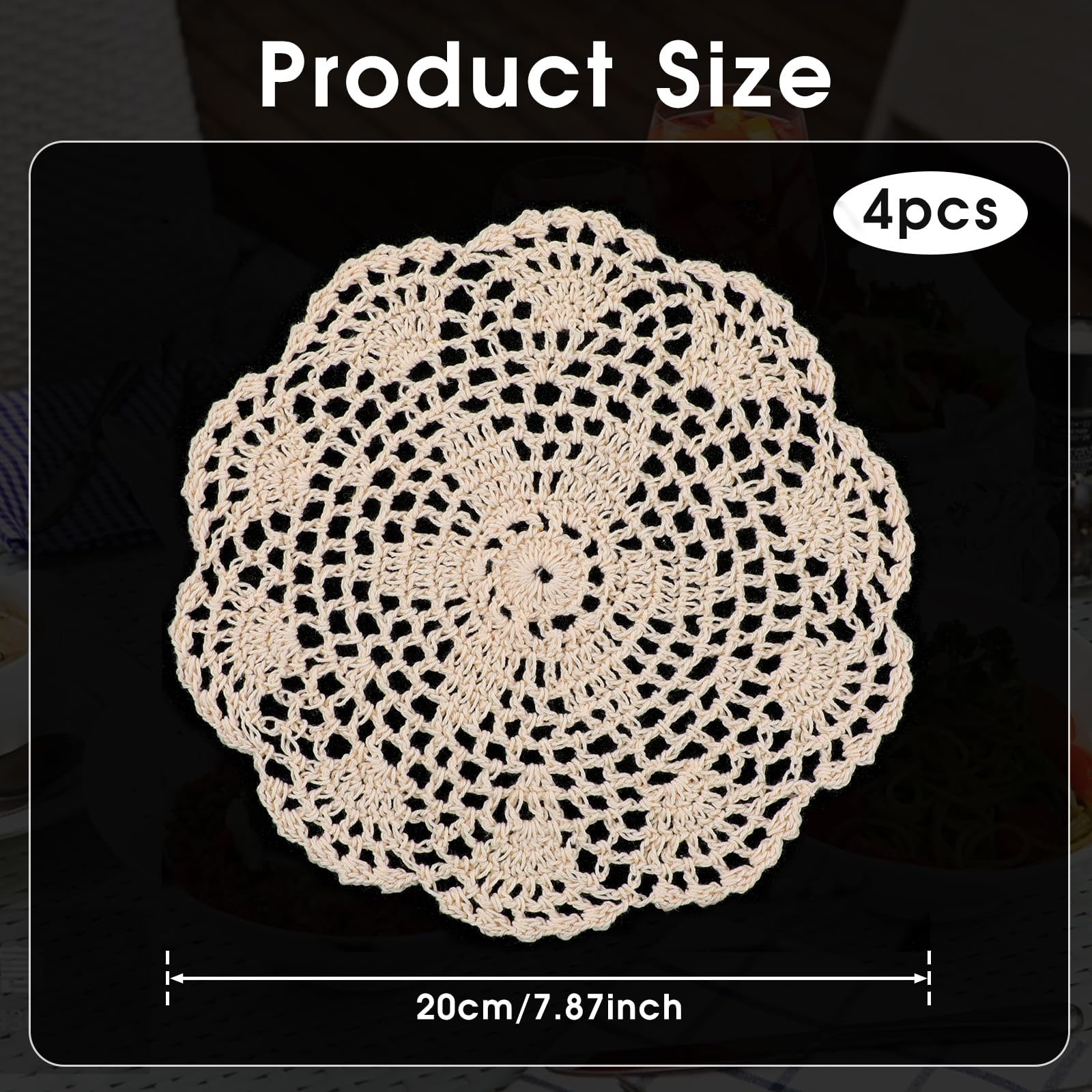 Napperons Ronds Vintage Au Crochet 20 Cm Beige – Set De 4 Dentelle Coton, Style Rétro Élégant Pour Table & Déco