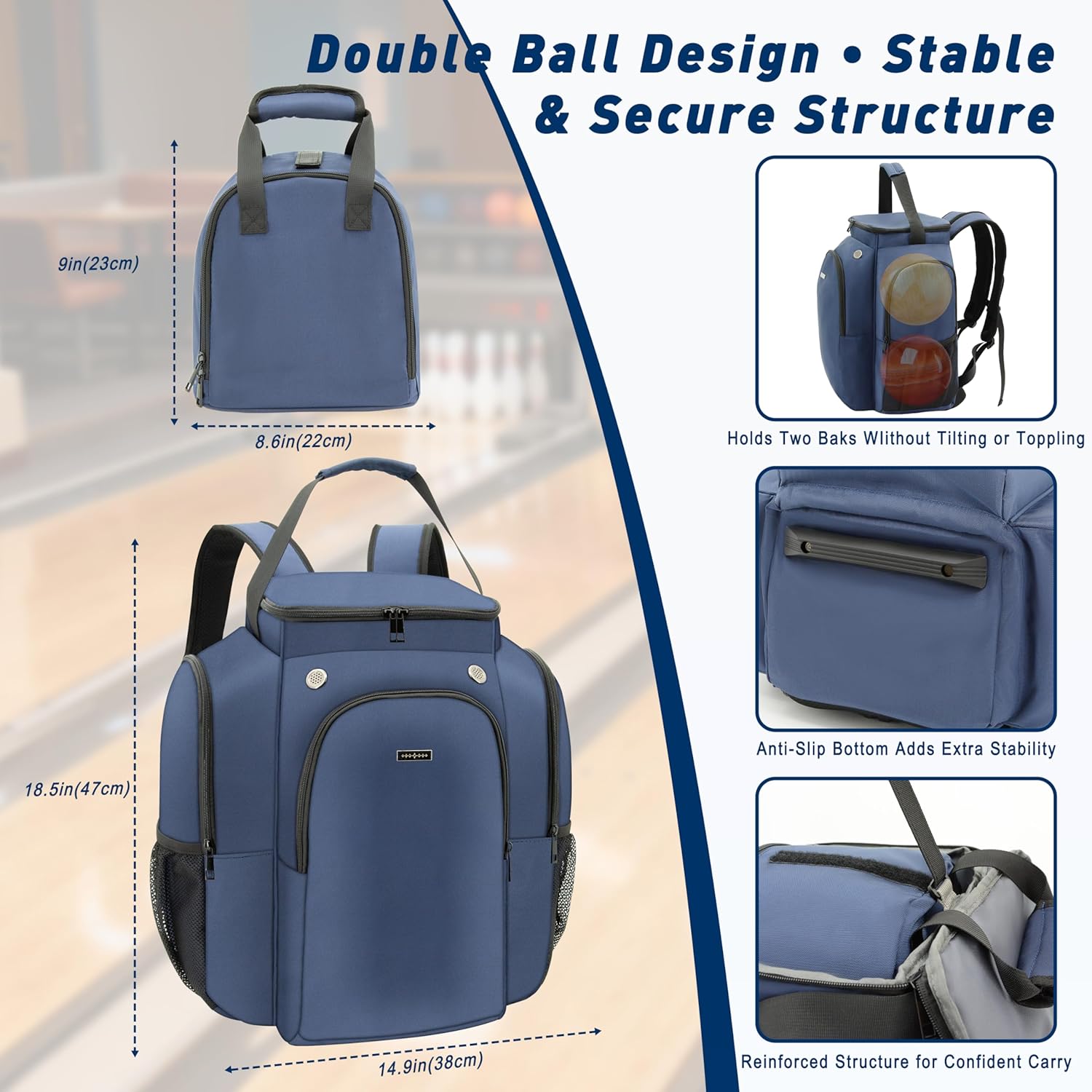 2-Ball Bowling Backpack with Shoe Storage – Heavy Duty Padded Travel Bag with Ergonomic Straps, Waterproof Design for Men & Women (Navy)
