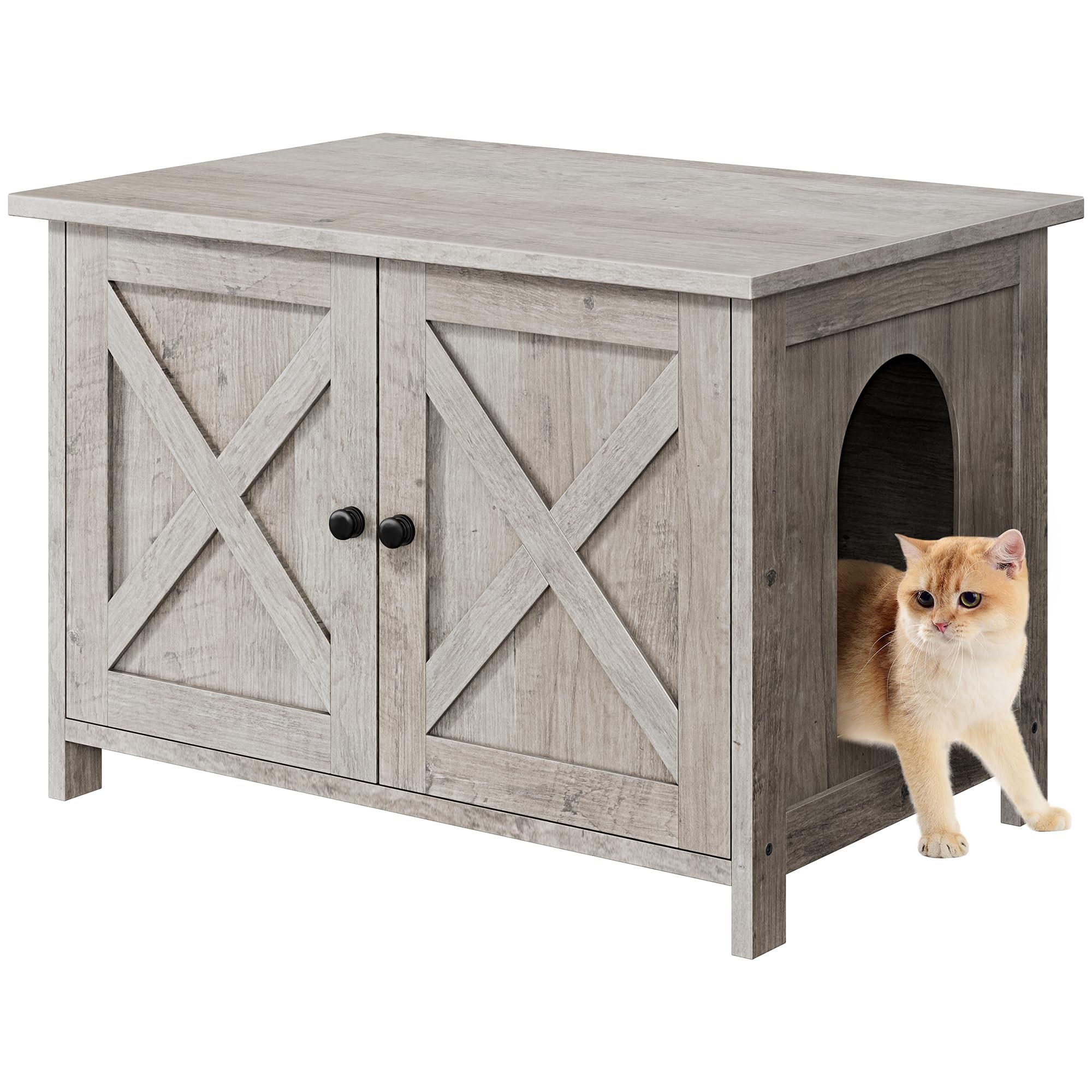 Shintenchi Cat Littler Box Enclosure, Litter Box Furniture Hidden with Removable Divider, Cat House with End Table, Grey, 31.5 inch