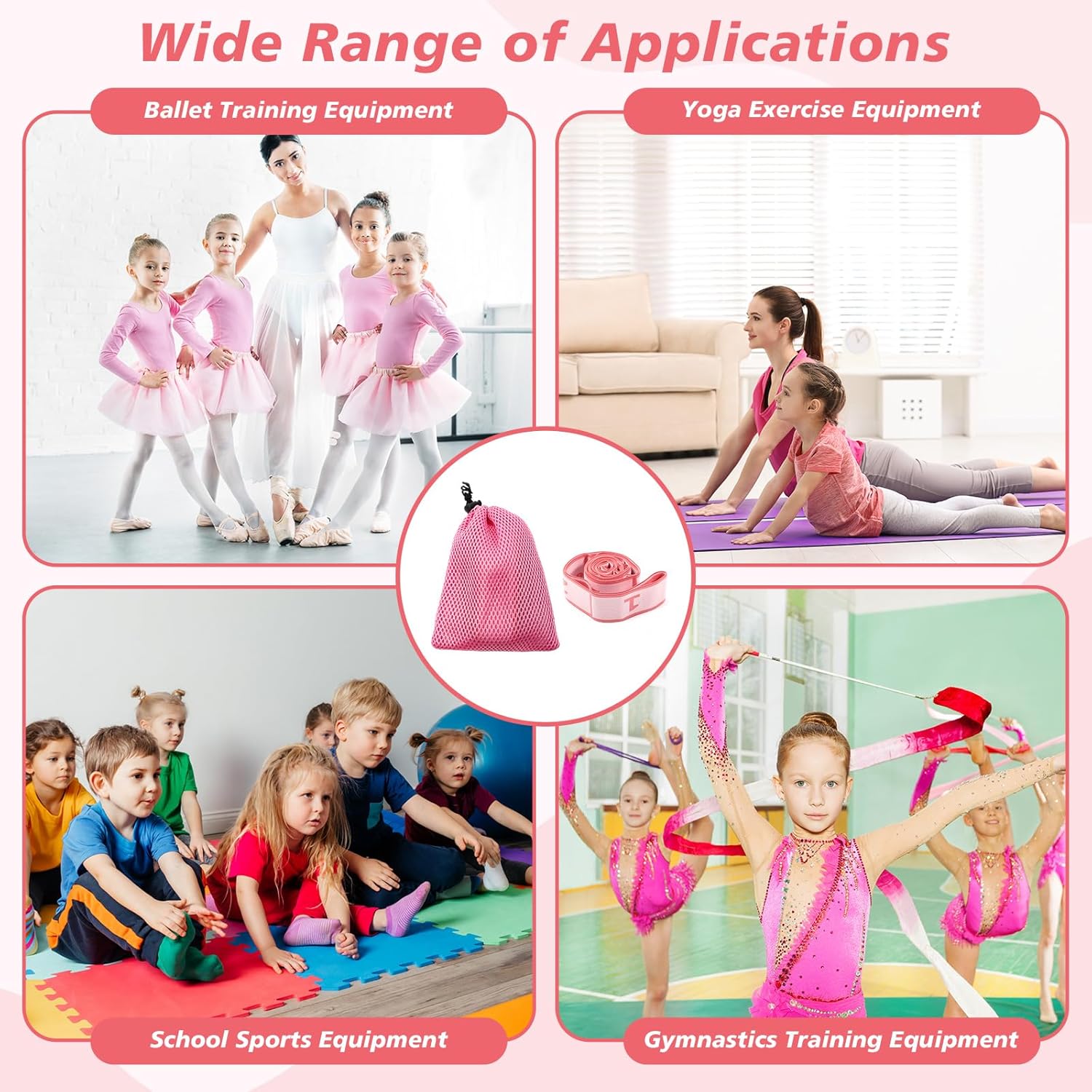 Soulchen 12 Sets Stretching Strap with 8 Loops for Kids Include 12 Storage Bags 12 Children Gymnastics Stretching Strap for Cheer Dance Training Elastic Band Cheerleading Training Ballet Yoga (Pink)