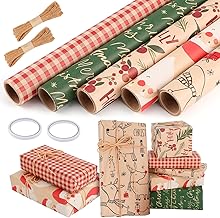 woric 5 Rolls of Christmas Wrapping Paper, 3 m x 43 cm, Kraft Paper, Christmas Paper Roll with Hemp Rope, Christmas Wrapping Paper for Gift Wrapping, Christmas Crafts (5 Styles)