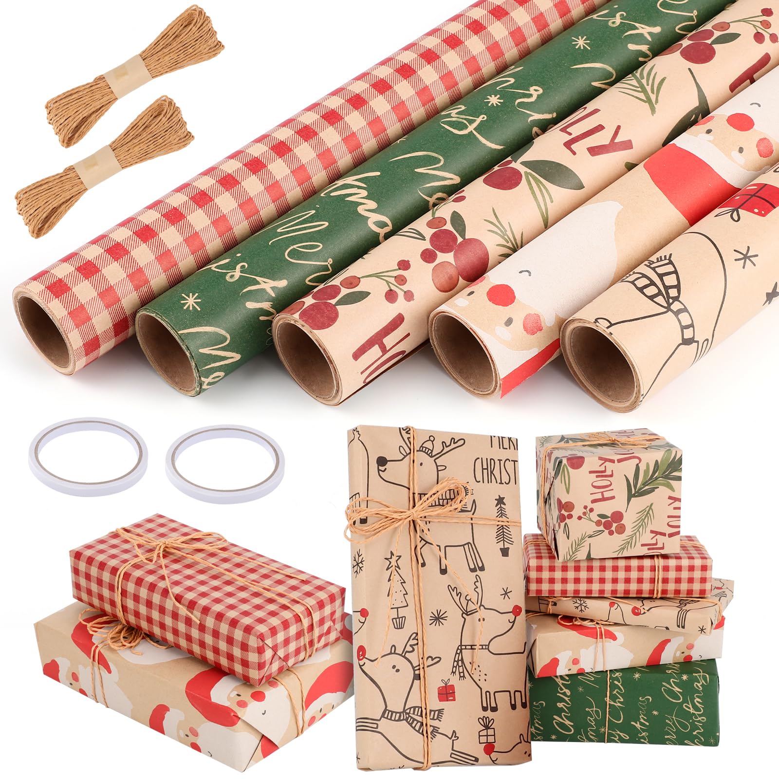 woric 5 Rollen Geschenkpapier Set, 3mx43cm Kraftpapier Weihnachtspapier Rolle mit Hanfseil für Valentinstag Geburtstag Hochzeit Basteln (Rotbraun Grün)