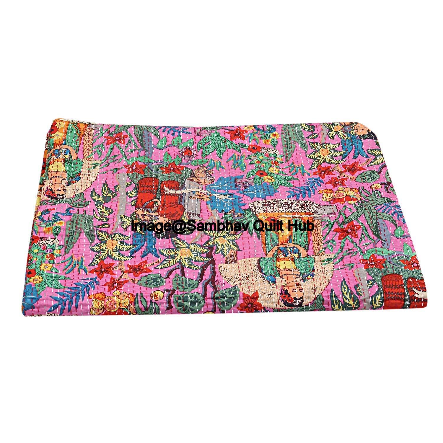 Parure de lit Kantha faite à la main pour très grand lit/lit simple - Motif floral - Style bohème - Rose - 228,6 x 274,3 cm