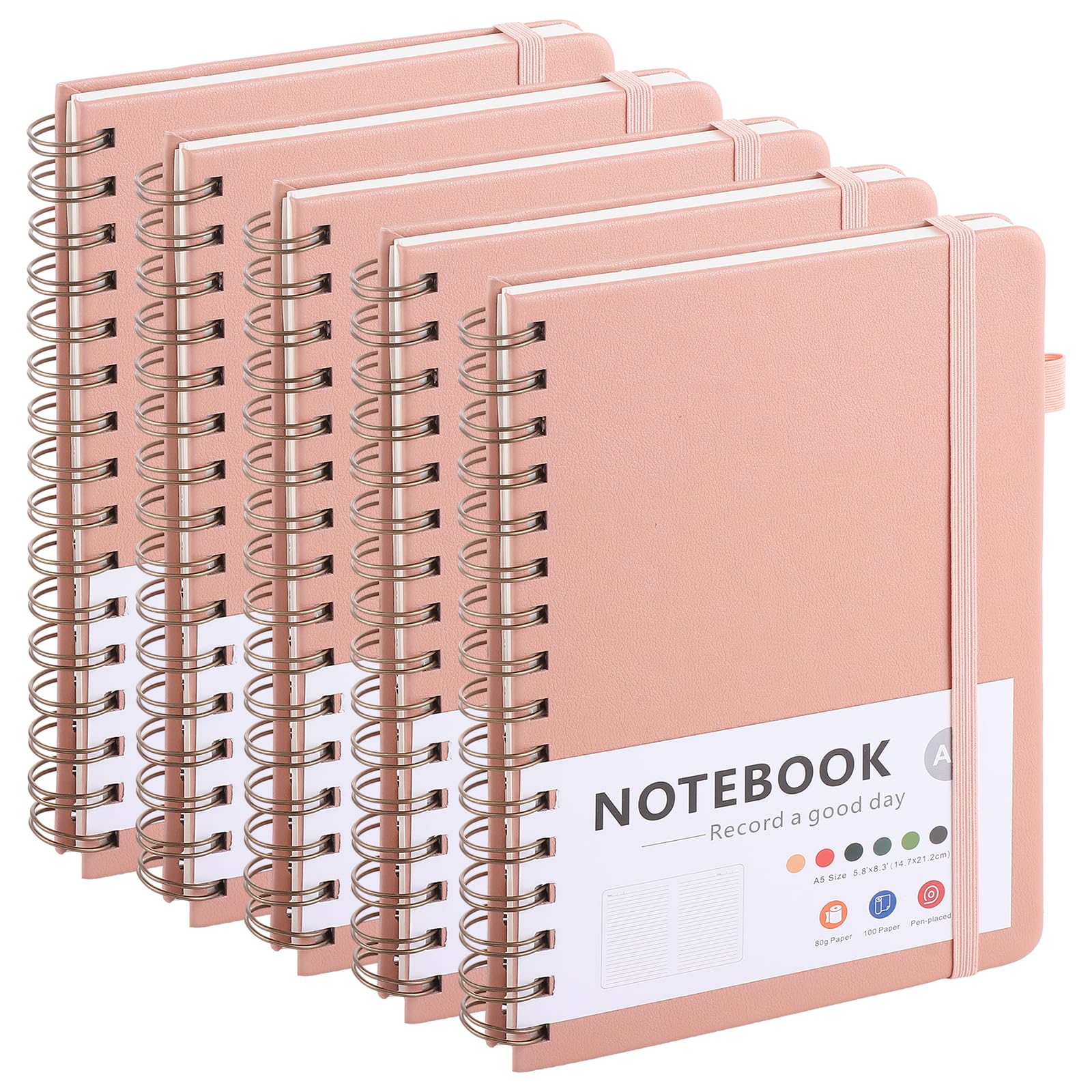 APACALI 5 Pack A5 Spiral Notebook Lined, 200 Pages / 100 Sheets A5 Notebook Spiral Bound, Pink Cover Spiral Notebook A5, Spiral Bound Notebook for Diary, Memo, Office Supplies