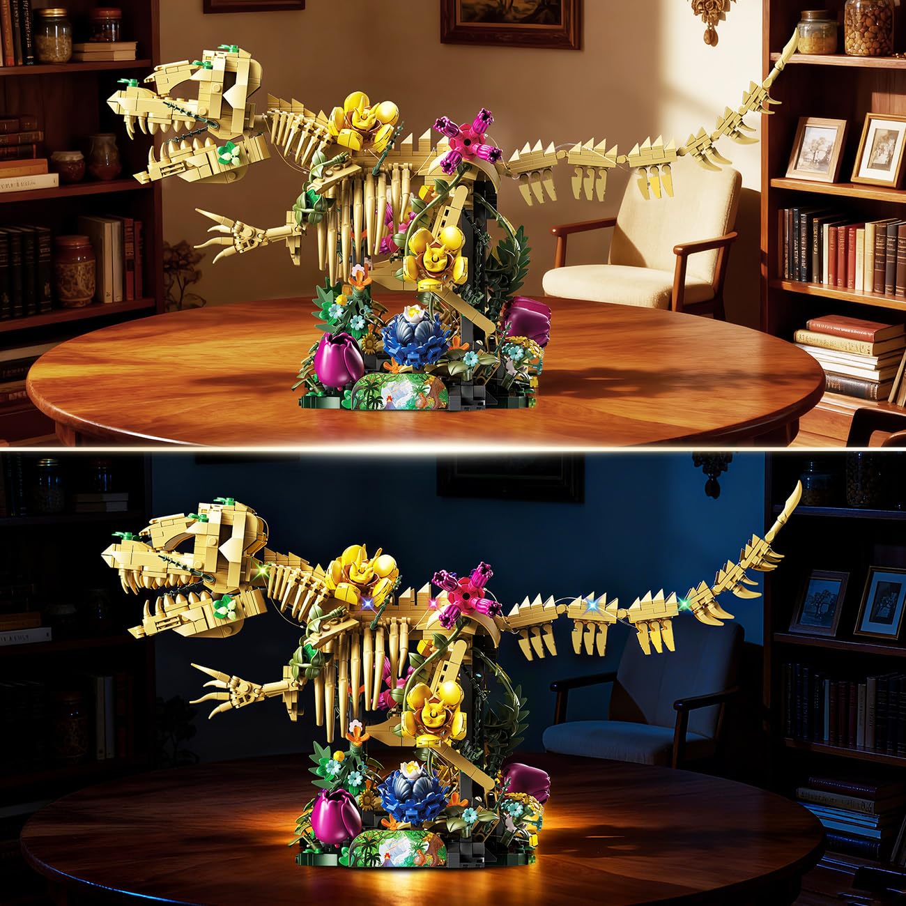 CUBIMANA Fossile de Dinosaure avec Fleurs et lumière LED, 1185 PCS Jeu de Construction botanique Dino, Maquette de Squelette pour décoration intérieure, Cadeau pour Adultes et Adolescents