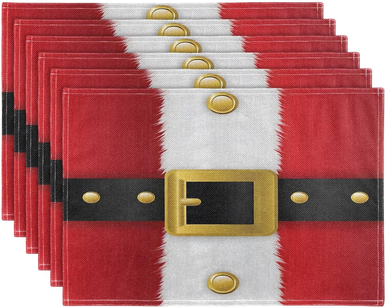 Table Placemats Set of 6 Christmas Santa Claus Belt Red Cotton Linen Cloth Washable Table Mats Heat Resistant Reusable Place Mat for Kitchen Dining 12x18 Inch