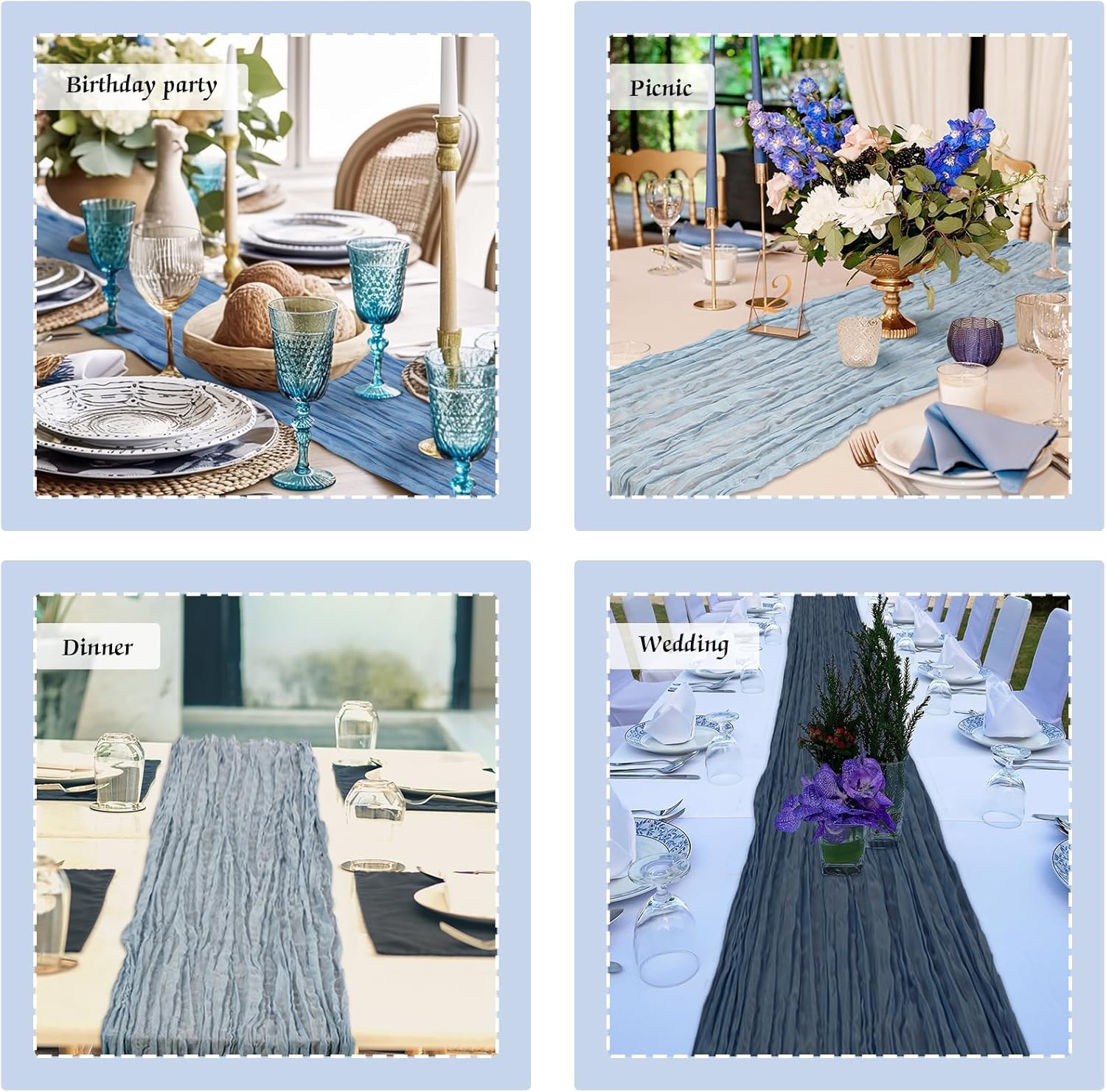Remagr 12 Pcs Gradient Blue Cheesecloth Gauze Table Runners Boho Wedding Decor Rustic Sheer Runner for Wedding Table Bridal Shower Birthday Party Decorations