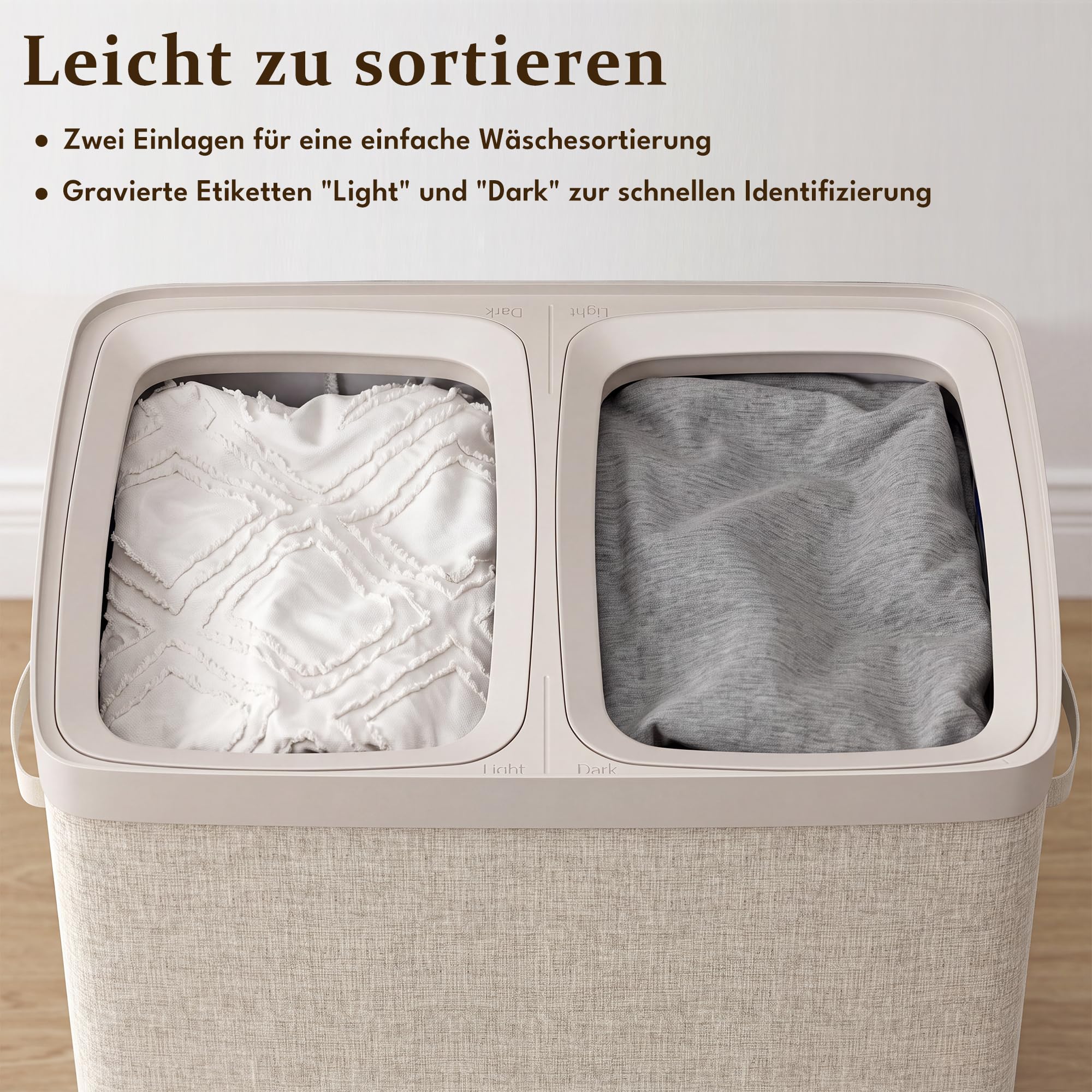 100L Wäschekorb mit Deckel, Wäschesammler 2 Fächer mit herausnehmbaren Wäschesäcken, Faltbare Wäschebox für Schmutzwäsche, Wäschebehälter für Badezimmer und Schlafzimmer, Beige