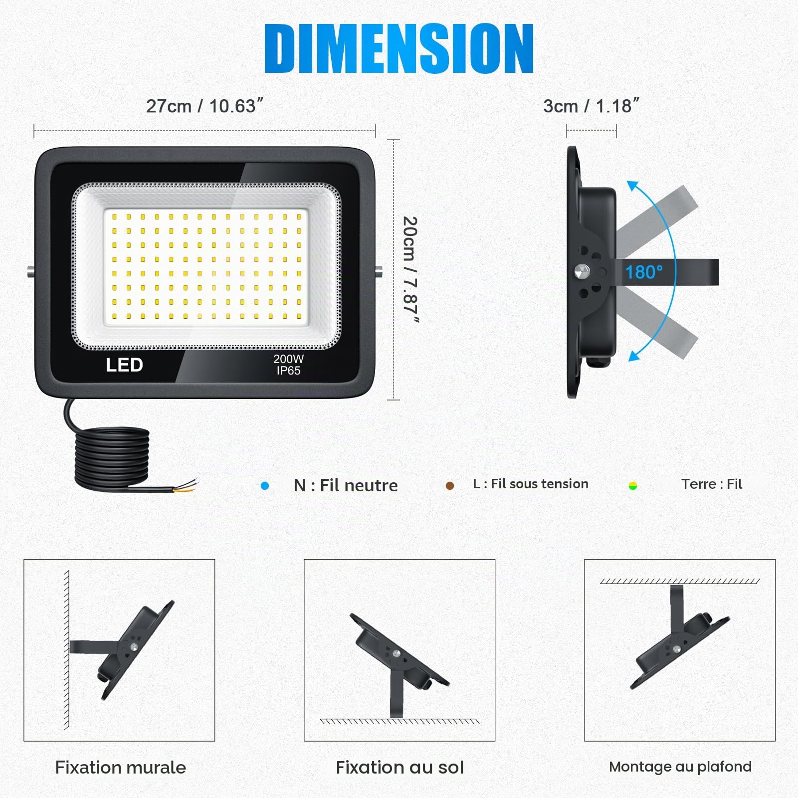 2 Pièces Projecteur LED Extérieur 200W, 6500K Blanc Froid Projecteur LED, 20000LM Super Lumineux Éclairage Mural, Spot LED pour Terrasses, Parking, Hôtel, Garage,Jardin, Allée