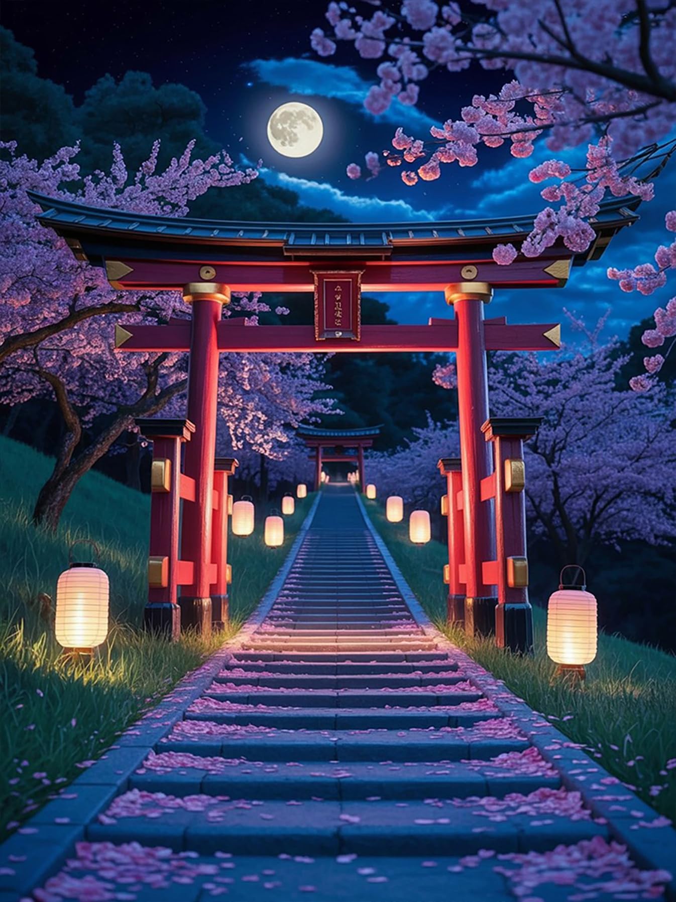 LOMSIOY DIY ダイヤモンドアート キット大人用, 日本における夜間景観 ダイヤモンドアート, 月明かりに照らされた石段のランタン ラウンドフルドリルクリスタルラインストーンクラフトホームウォール装飾のための宝石芸術 30x40 cm