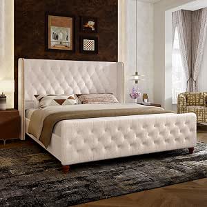 Novilla King Size Bed Frame with Upholstered Headboard and Footboard, Cream Velvet