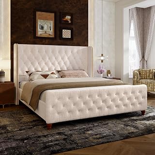 Novilla King Size Bed Frame, King Bed Frame and Headboard, Sea-Lion Velvet Upholstered Tall King Bed Frame with Wingback and Footboard, Button Tufted/No Box Spring Needed/Heavy Duty Feet/Cream
