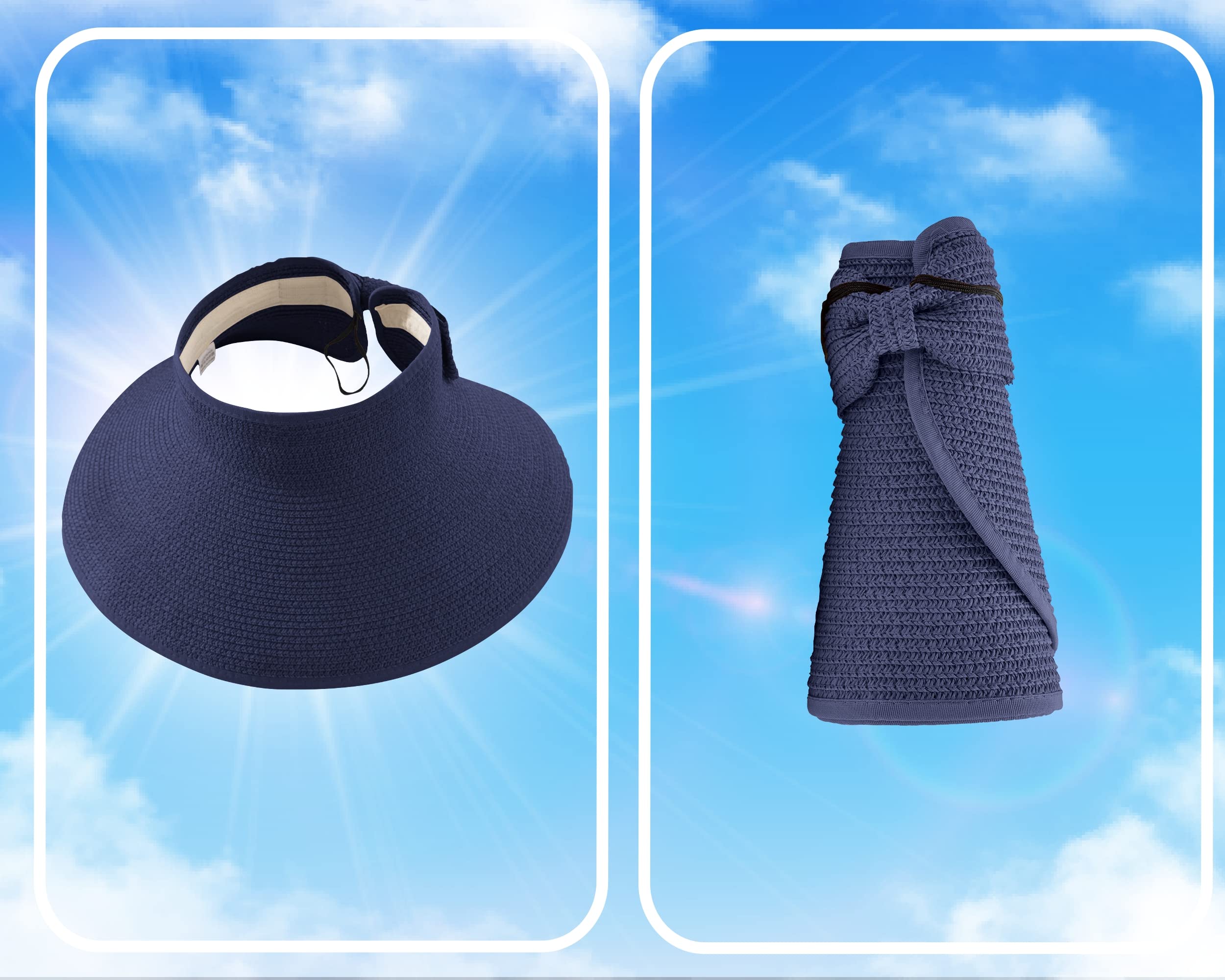 Visera solar de paja para mujer, ala ancha, protección UPF 50+, sombrero de playa, ajustable, plegable, gorra de cola de caballo con correa para la barbilla, marino, Talla única 2