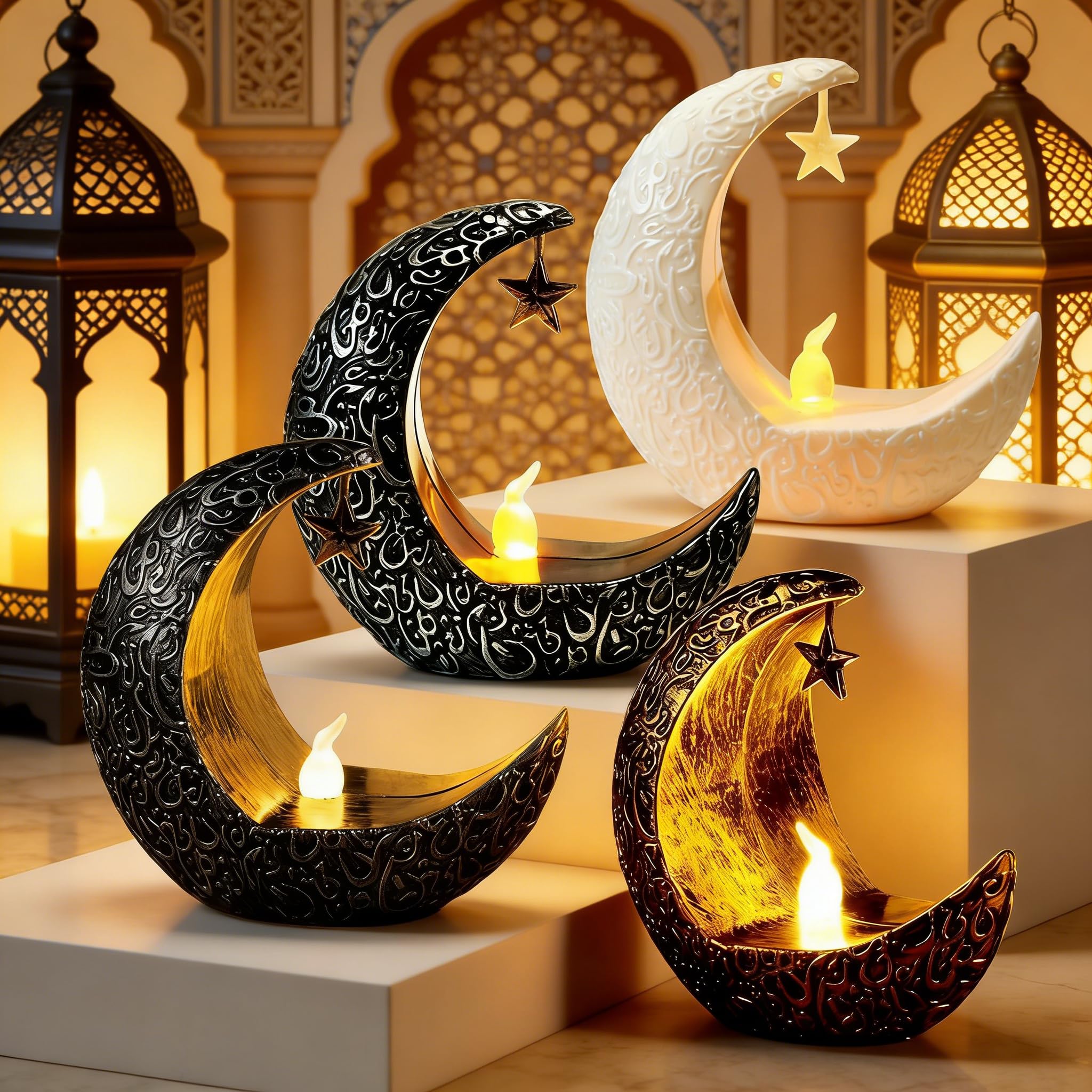 Yoawllty Ramadan Decorations Moon Shaped LED Candle Light - 4 Pack - Multicolor - Plastic - Tabletop - Energy Efficient - Cordless - Ramadan Theme