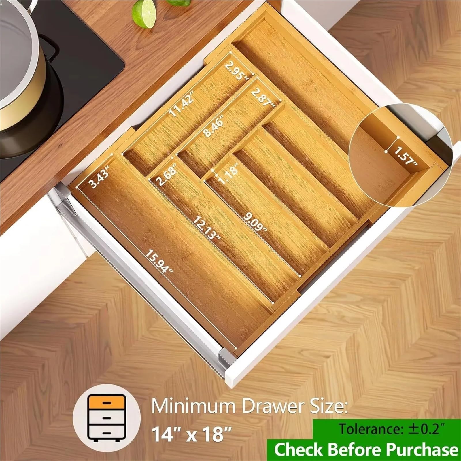 Cubertero Cajon Organizador de cubiertos bambú, bandeja extensible for, organizador utensilios cocina for cucharas, tenedores y cuchillos, multiusos