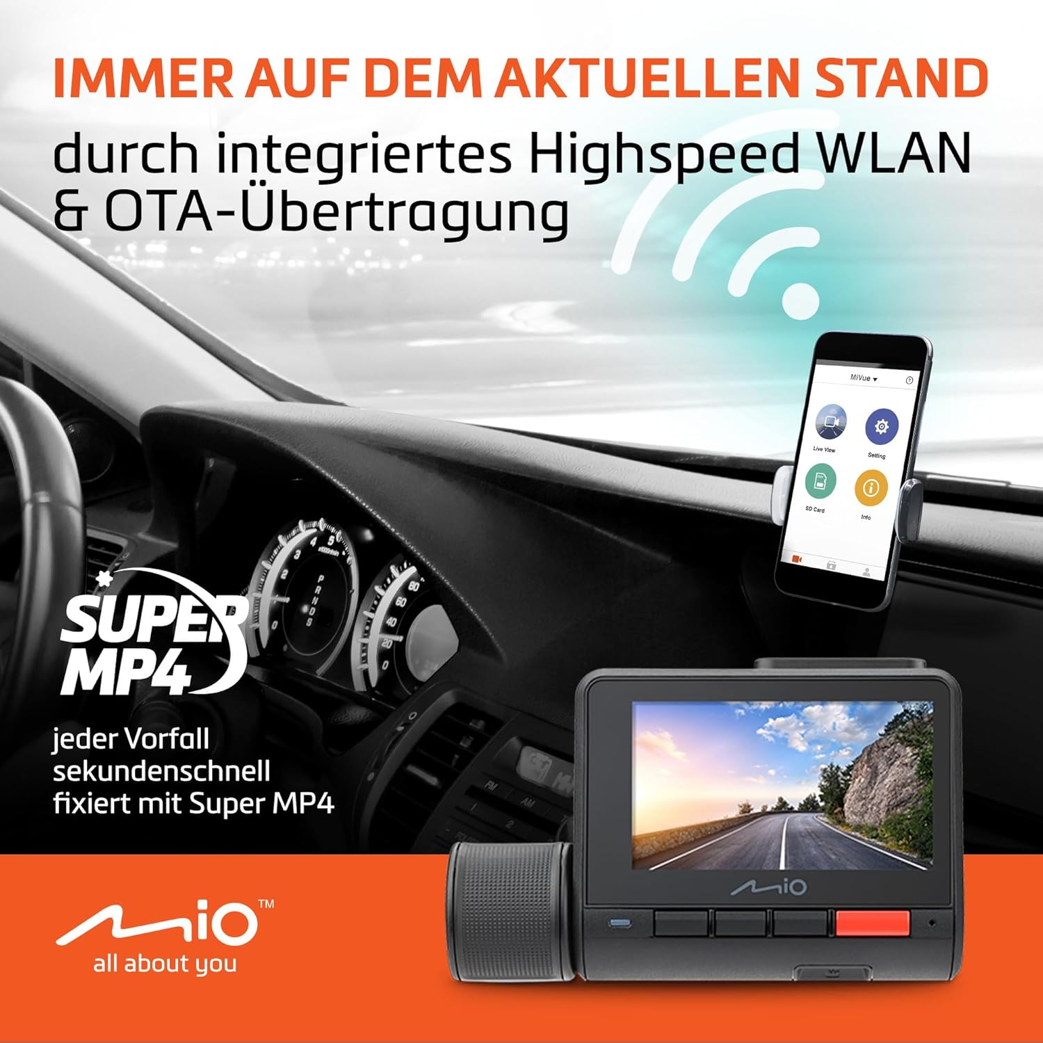 Mio MiVue 955W Dashcam mounted on a car windshield with phone app