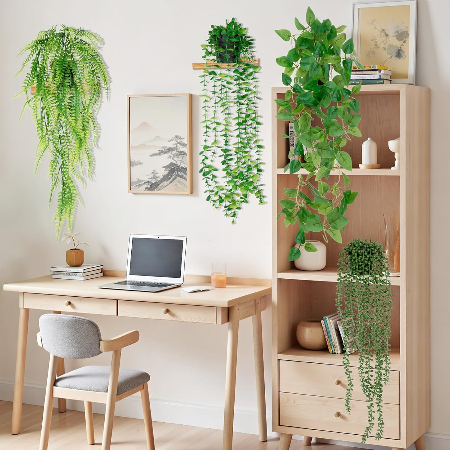 4 Pack Artificial Plants, Hanging Fake Plants Indoor for Shelf, Boho Faux Eucalyptus Vine, Ivy Vine, String of Pearls, Boston Fern Potted for Living Room Outdoor Wall Decor - Image 7