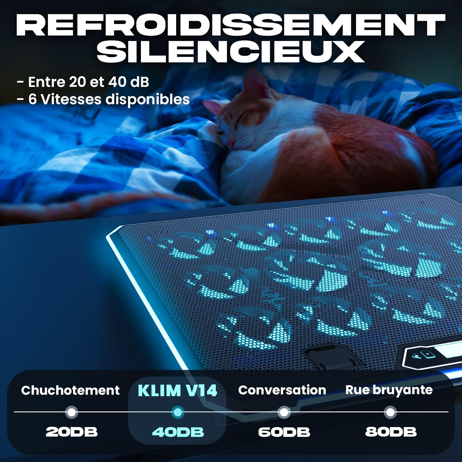 KLIM V14 Refroidisseur PC - Nouveauté - 14 Ventilateurs & Rétroéclairage RGB + Support PC Ventilé de 11" à 17" + 2 Ports USB + 5 Ans de Garantie