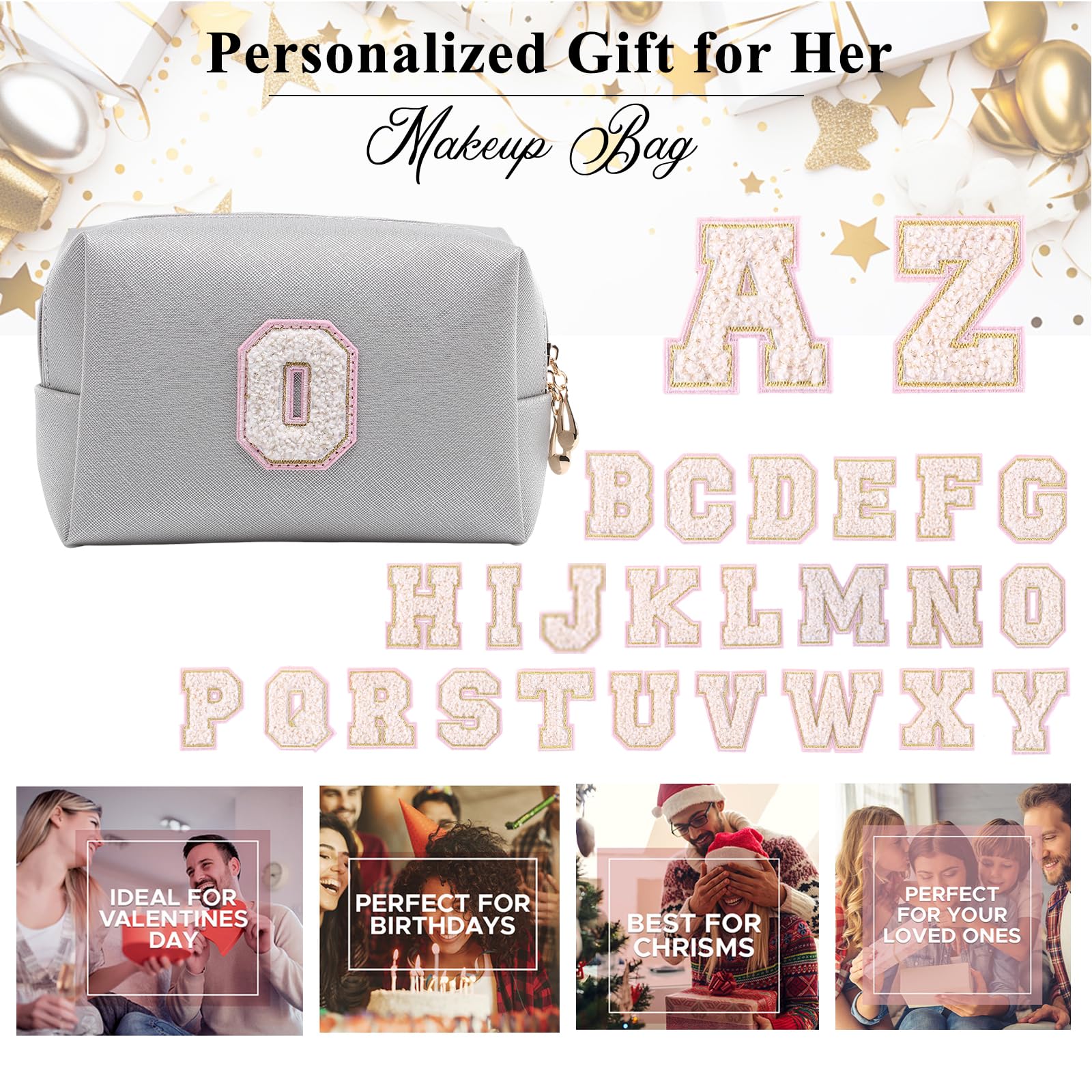 Personalized Makeup Bag,Waterproof Travel Makeup Pouch Cosmetic Bag Birthday Gift for Women Mom，Bride Bridesmaid Cosmetic Bag A-Z — view 135