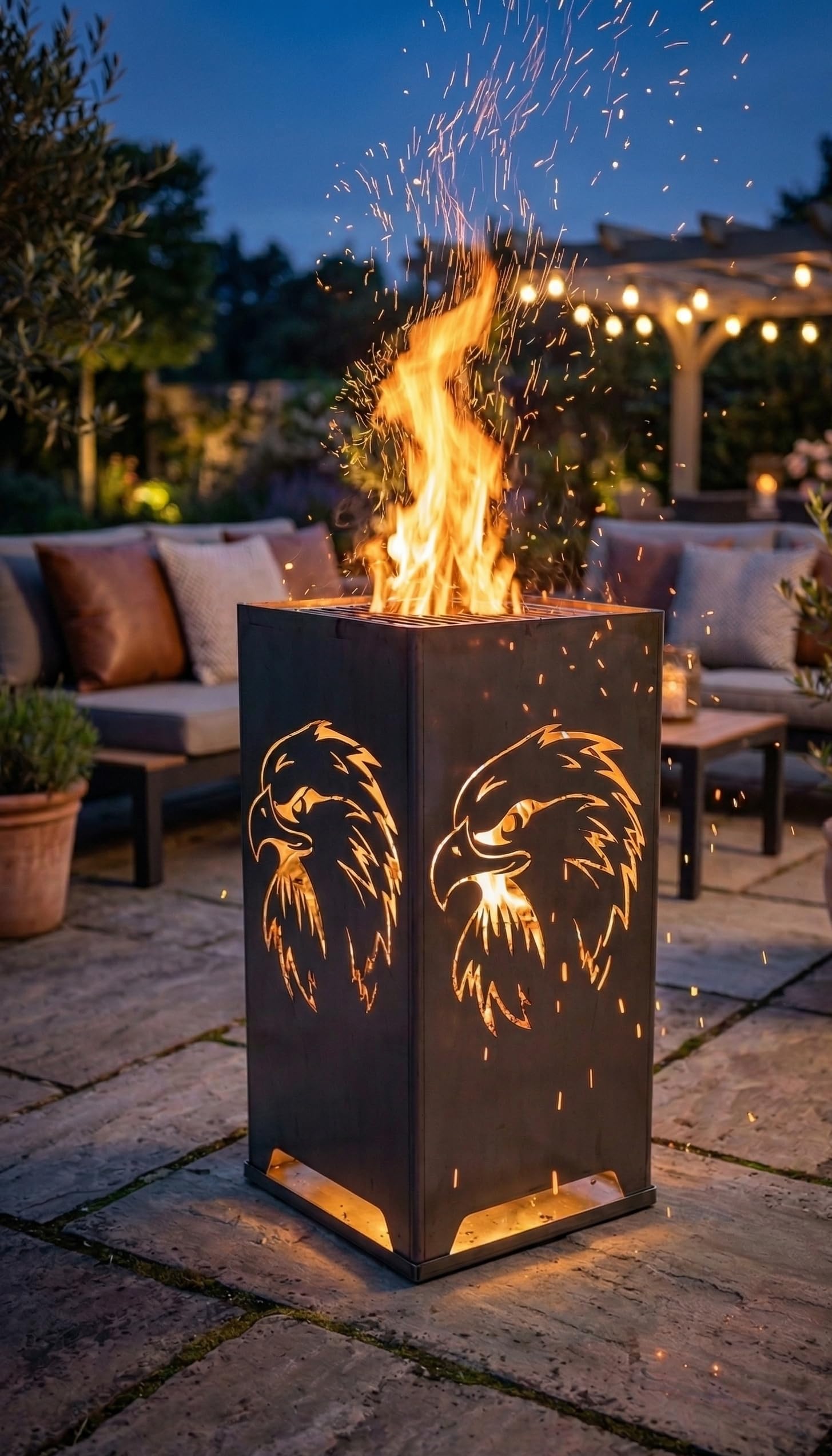 Massiver Premium Feuerkorb „Adler“ – 37x37x75 cm | Komplett verschweißter Qualitätsstahl (3mm) | Inkl. Aschewanne & Gitterrost | Robuste Feuersäule für Garten & Terrasse