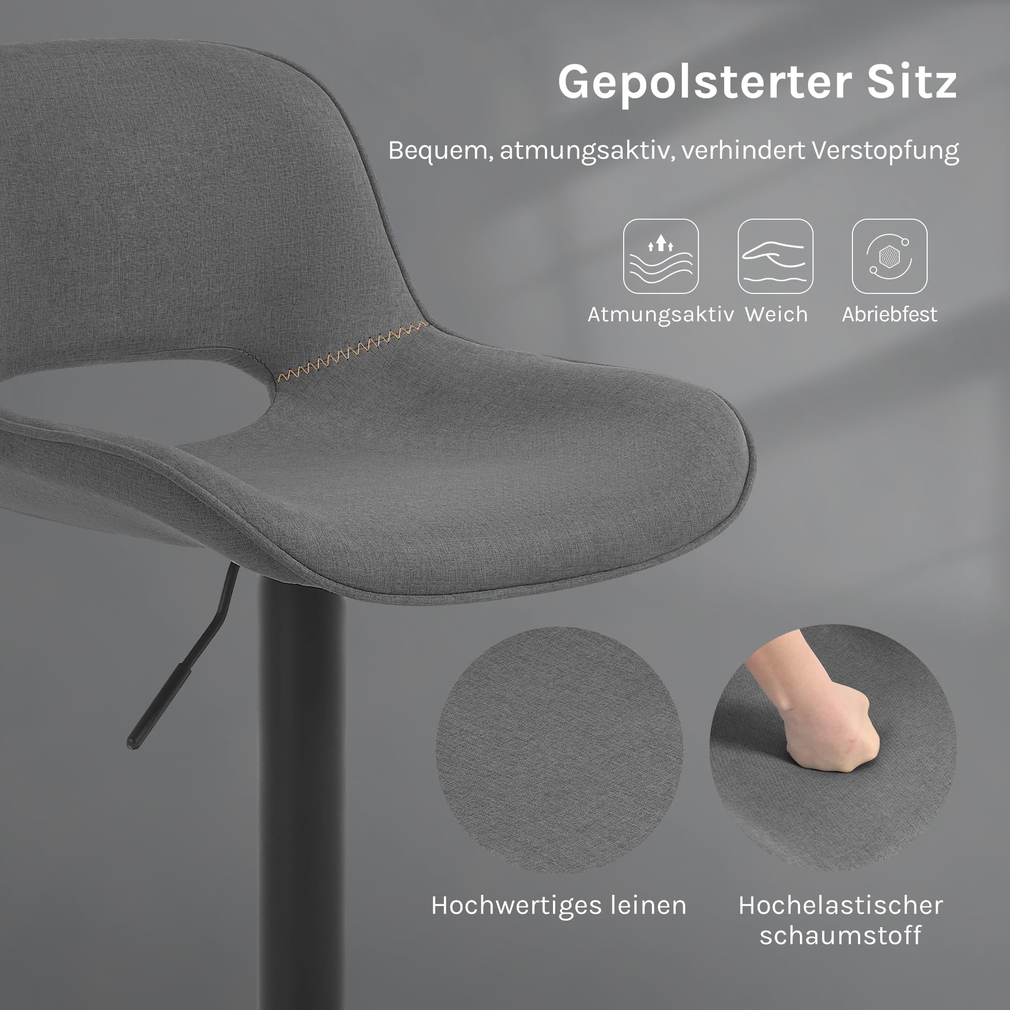WOLTU Barhocker 2er Set, höhenverstellbar, mit Rückenlehne, Leinen, Grau | Barstuhl mit Fußstütze, Bar Hocker modern, Tresenhocker, Bistrostuhl, Drehhocker, Stuhl für Küche, Esszimmer