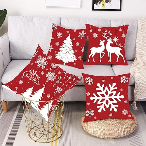 Miniatura 2 de Juego de 4 fundas de almohada decorativas de Navidad, muñeco de nieve, reno, alegría, rayas grises, decoración de Navidad, funda de cojín para sofá,