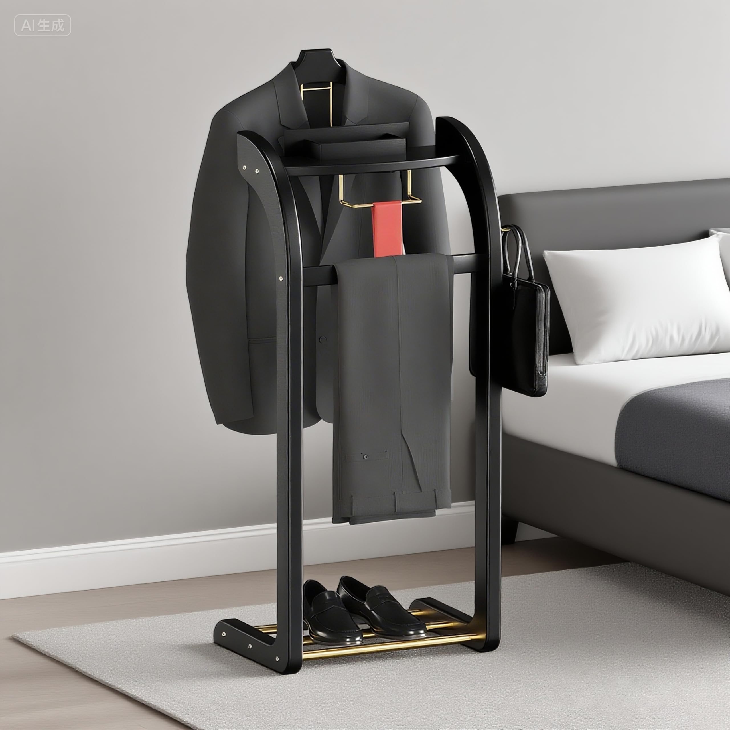 Suit Valet Stands for Women and Men, Wood Valet Stand with Base, Wardrobe Suit Valet Stand Organizer with Trouser Bar and Tie Bar, for Office Living Room (Black)