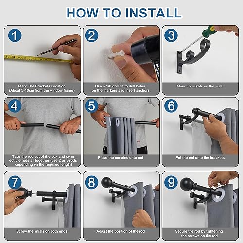 Miniatura 6 de Barras de cortina dobles con soportes de aluminio para ramo y remates redondos, barras de cortina negras mate para ventanas de 72 a 144 pulgadas,